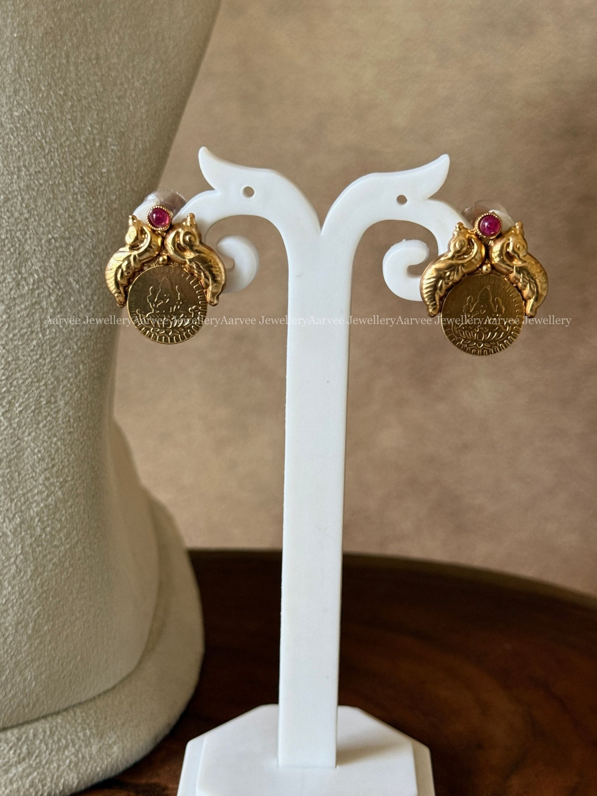 GOLD TONE LAKSHMI PEACOCK COIN NECKLACE SET WITH RUBY STONE