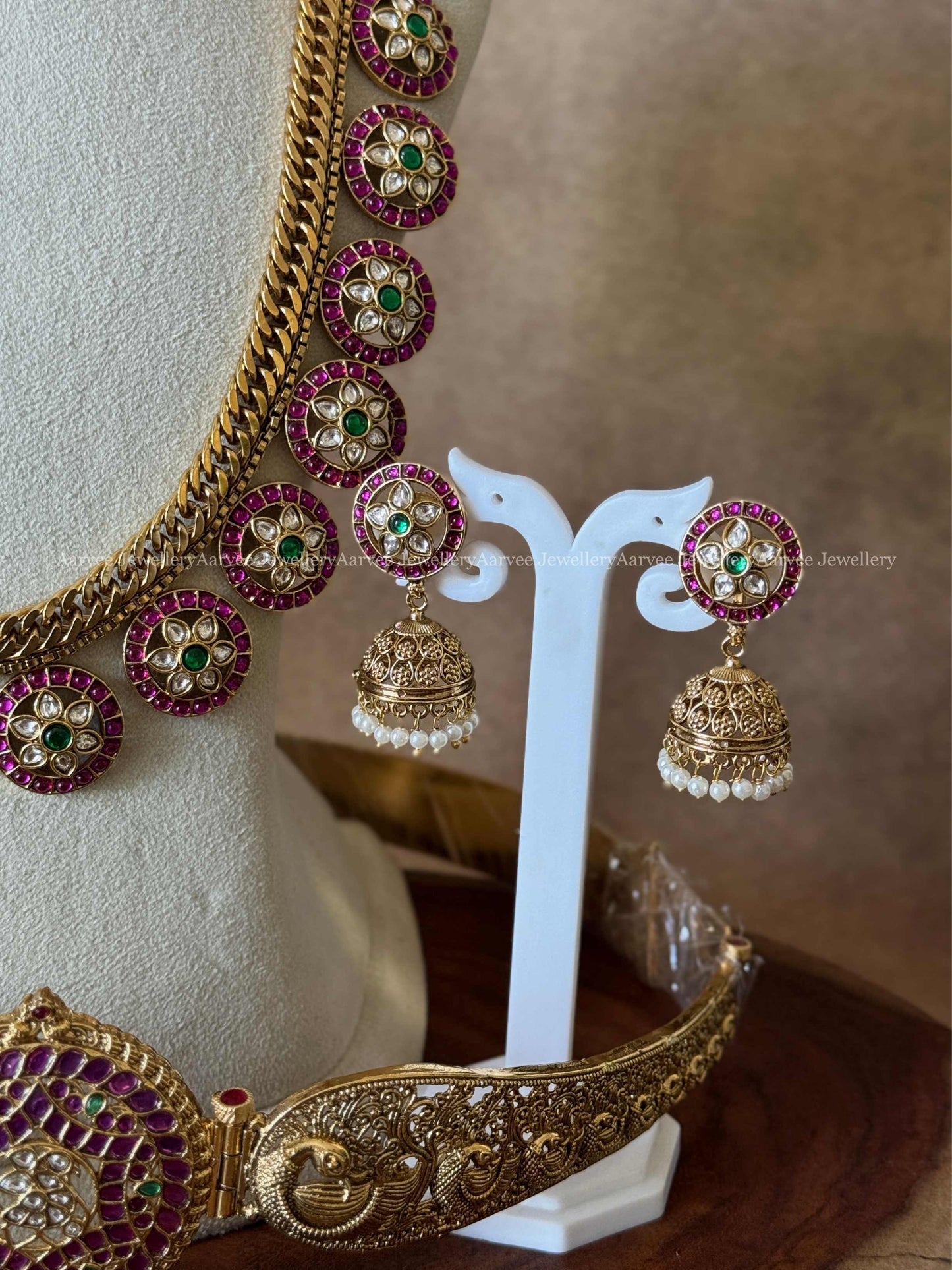BRIDAL JEWELLERY - PREMIUM PINK KUNDAN STONE CHOKER, BOTTU MALA HARAM SET AND WAIST BELT