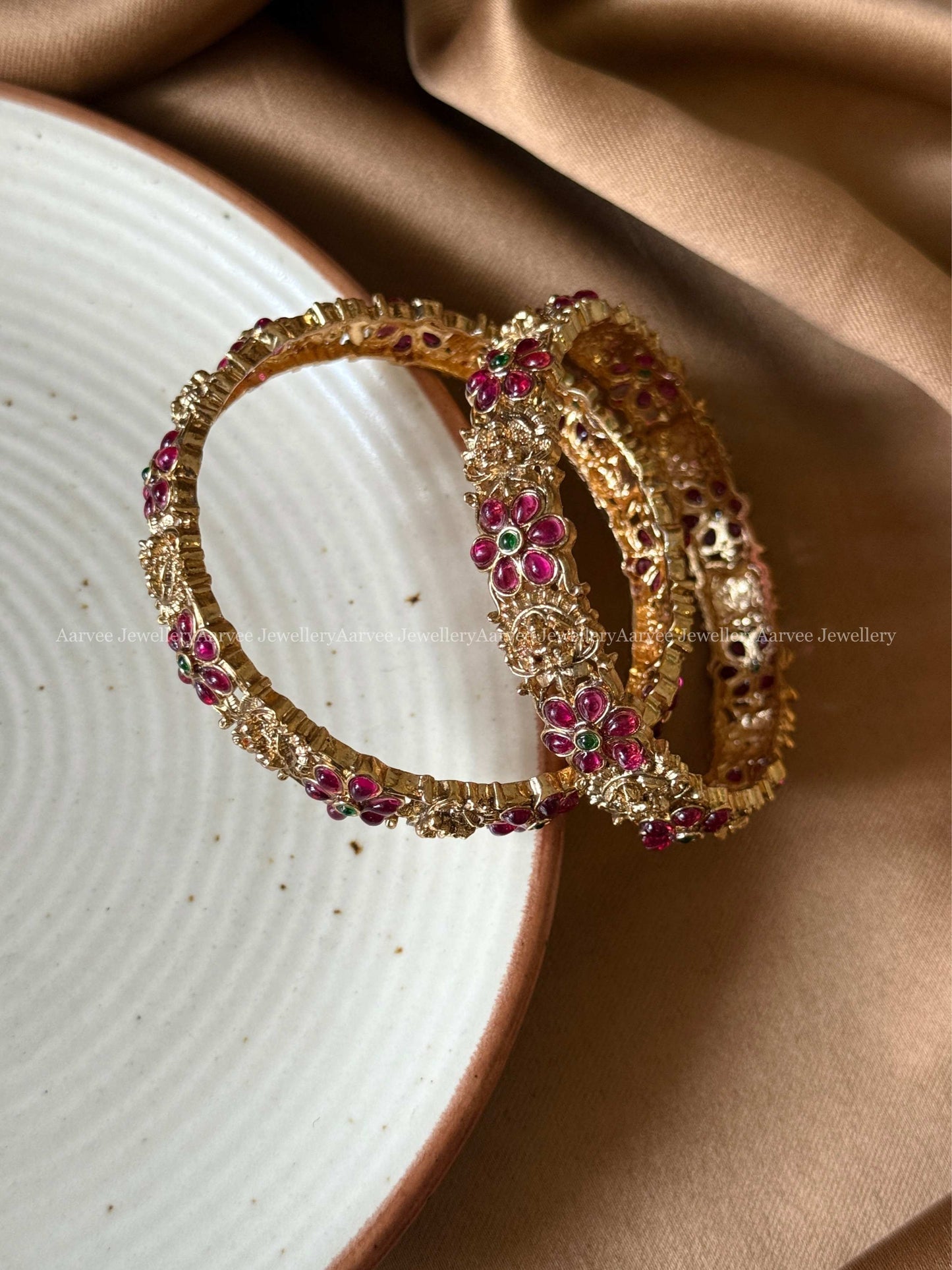 GOLD FINISH RUBY / GREEN FLORAL AND LAKSHMI BANGLES