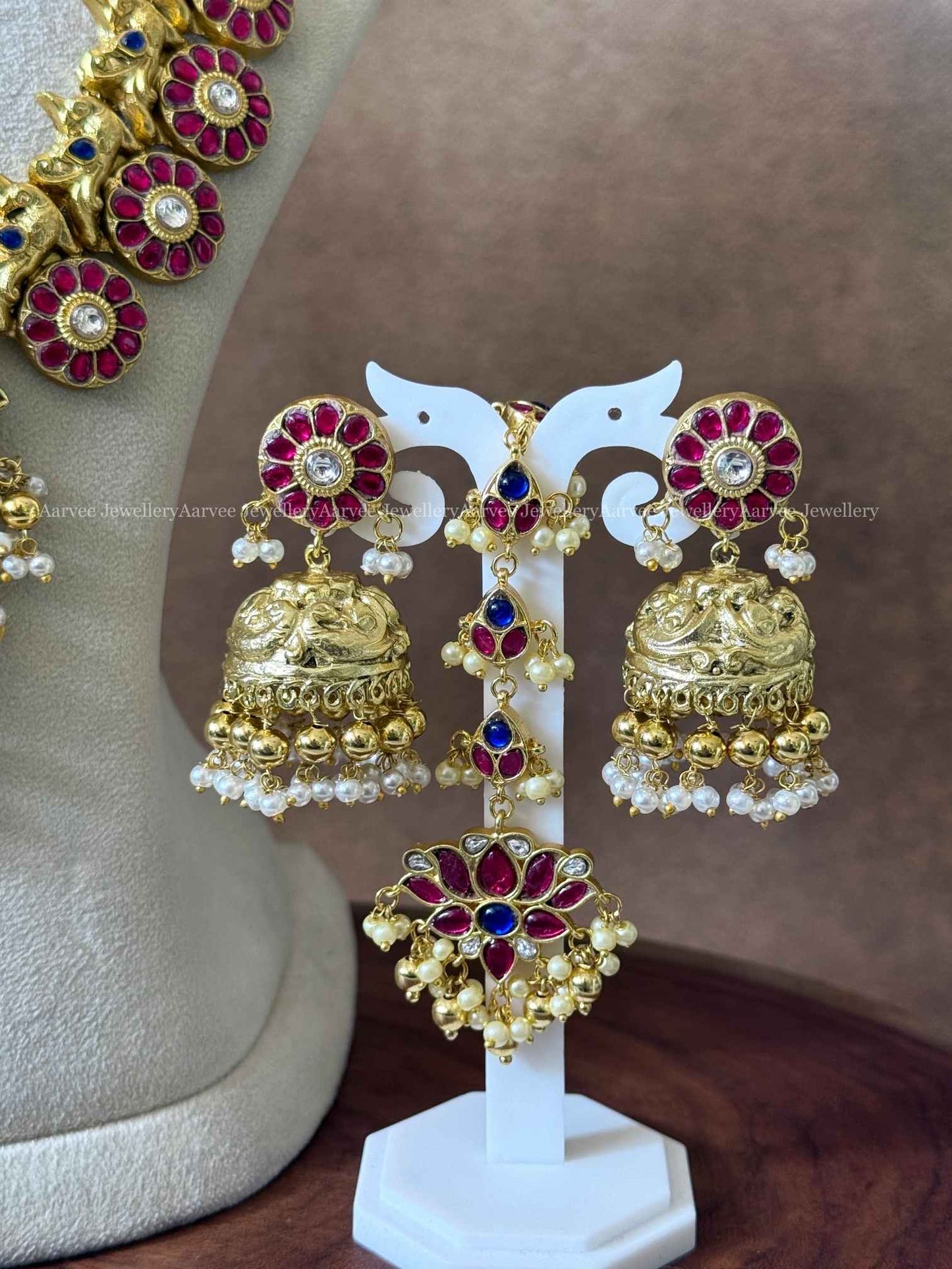 JADAU KUNDAN BLUE / PINK STONE LOTUS SEMI BRIDAL JEWELLERY SET