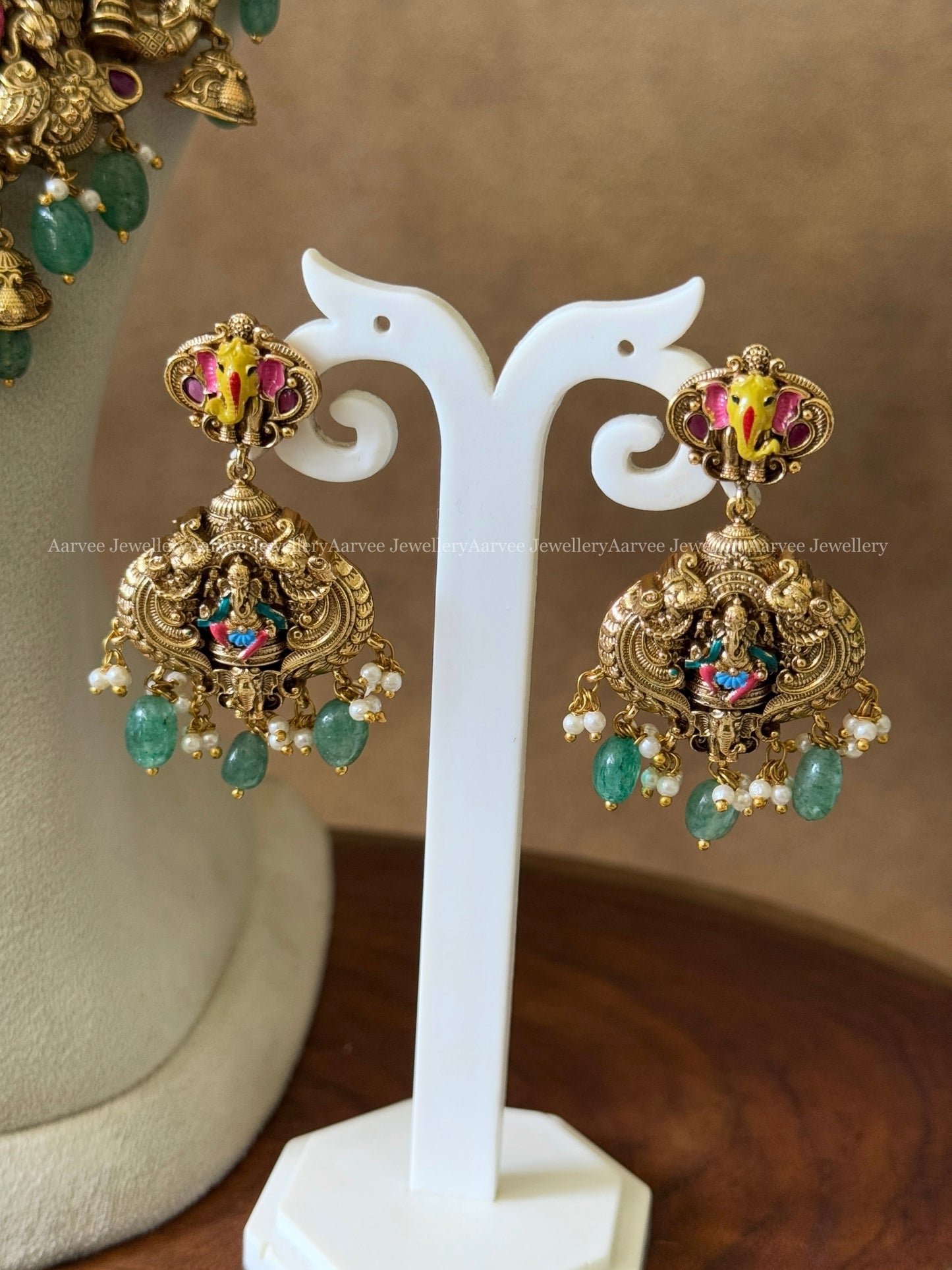 HIGH QUALITY GOLD FINISH TEMPLE JEWELLERY HARAM SET WITH GANESHA PENDANT AND PASTEL BEADS