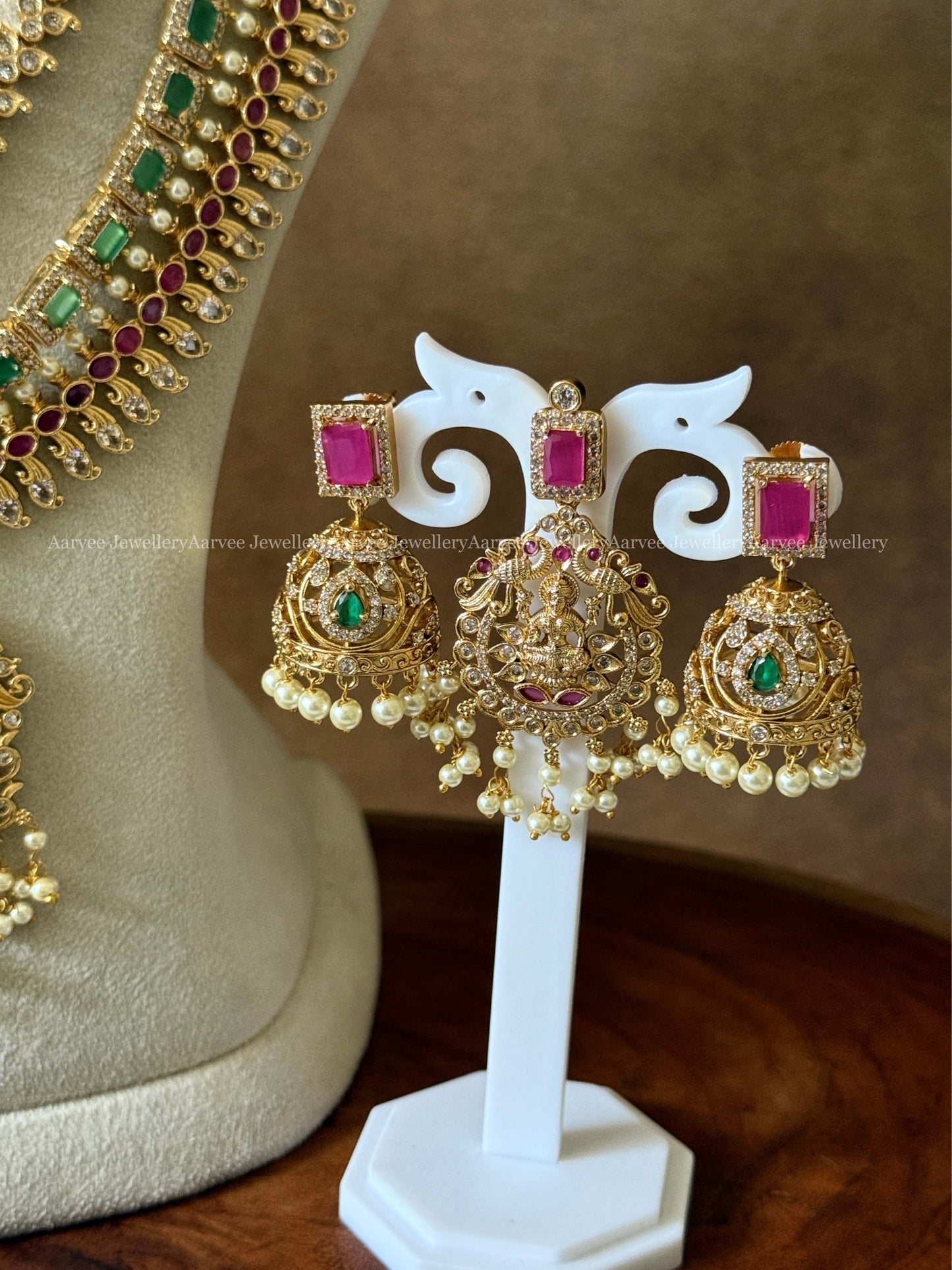 COMBO - CZ PINK STONE CHOKER WITH CZ LAYERED HARAM SET