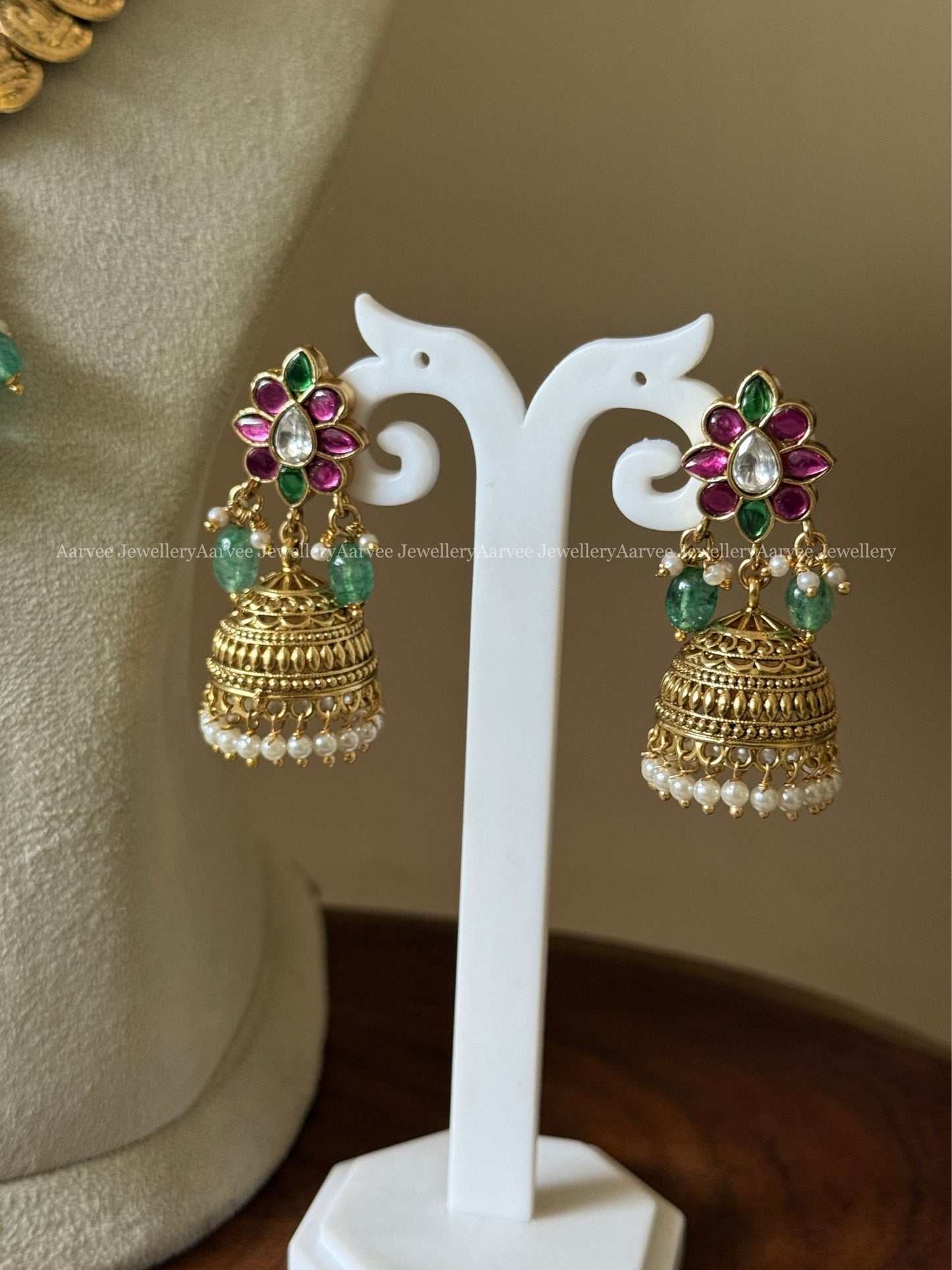 PREMIUM COIN NECKLACE SET WITH PINK / GREEN KUNDAN PEACOCK PENDANT AND PASTEL BEADS