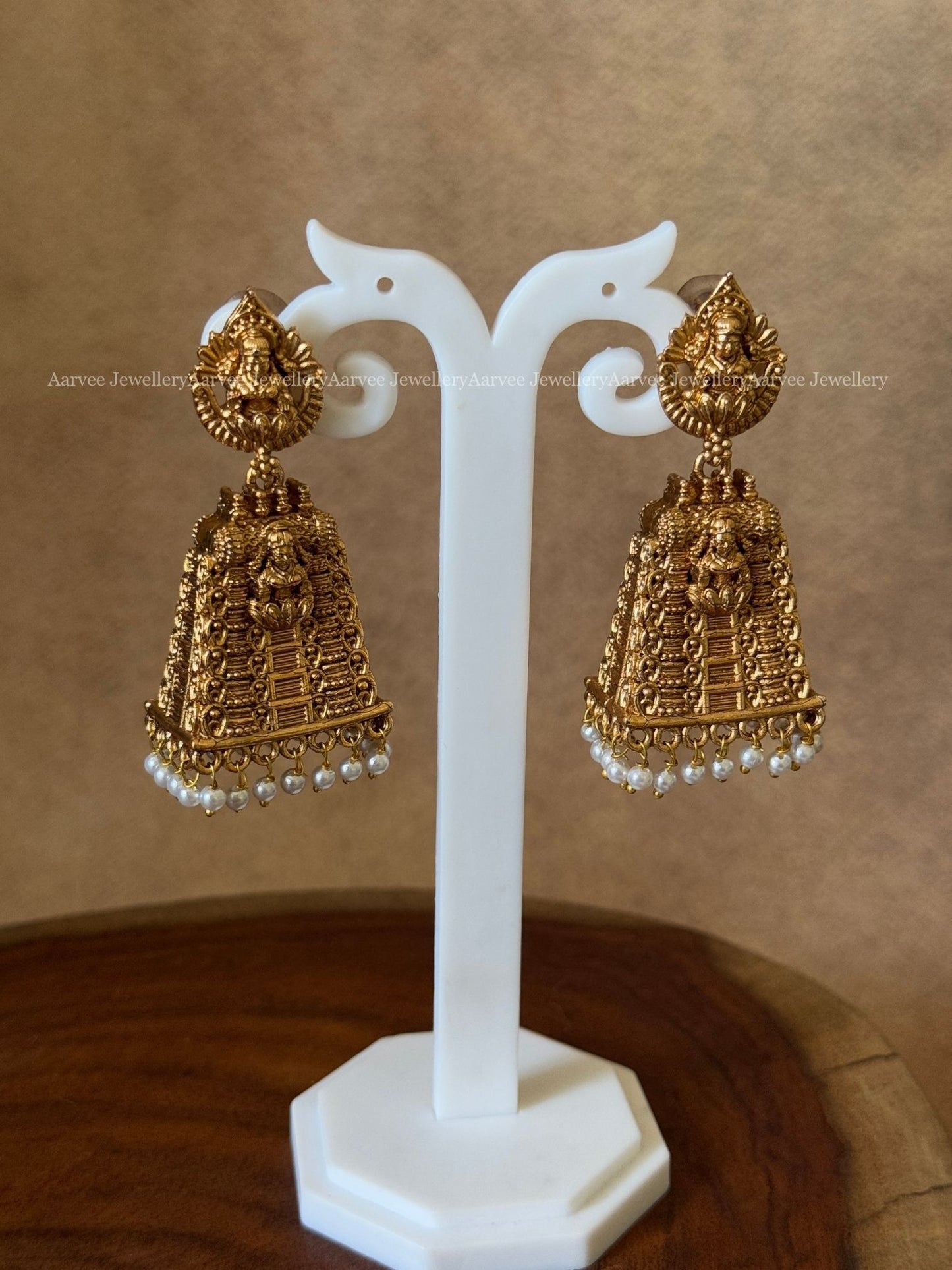 FULL GOLD GOPURA DESIGN LAKSHMI JHUMKI WITH PEARLS