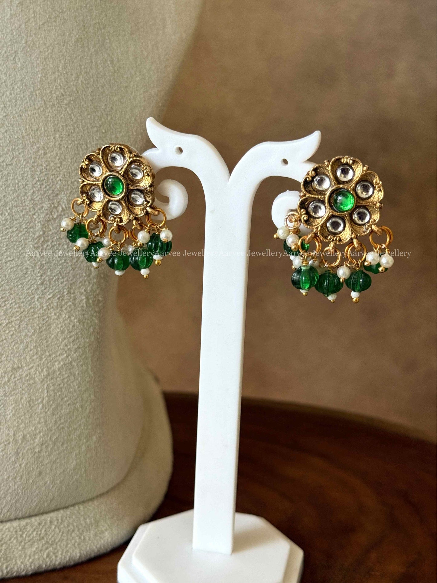 GREEN BEADS CHOKER SET WITH GOLD FINISH GREEN FLORAL PENDANT
