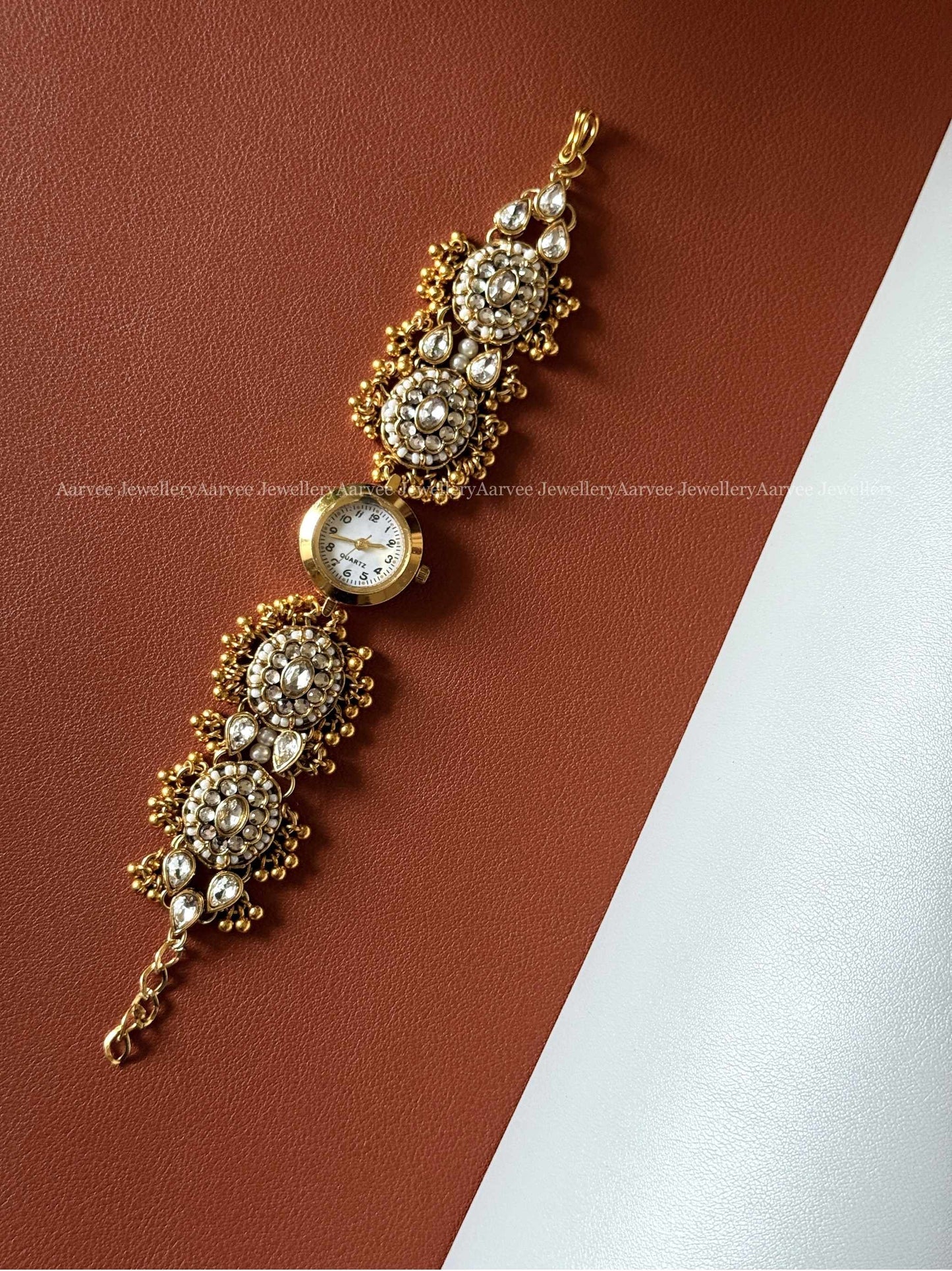 ANTIQUE GOLD WHITE KUNDAN ROUND FLORAL WATCH BRACELET