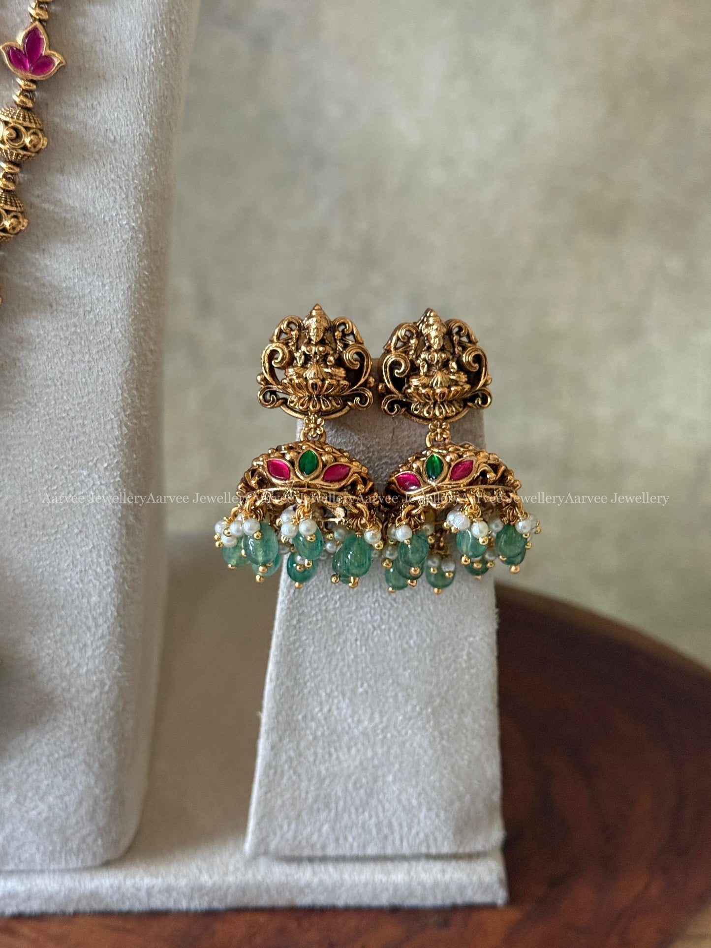 TEMPLE BRIDAL JEWELLERY FULL GOLD LAKSHMI NECKLACE AND GOLD BALL BEADED HARAM SET WITH PASTEL BEADS