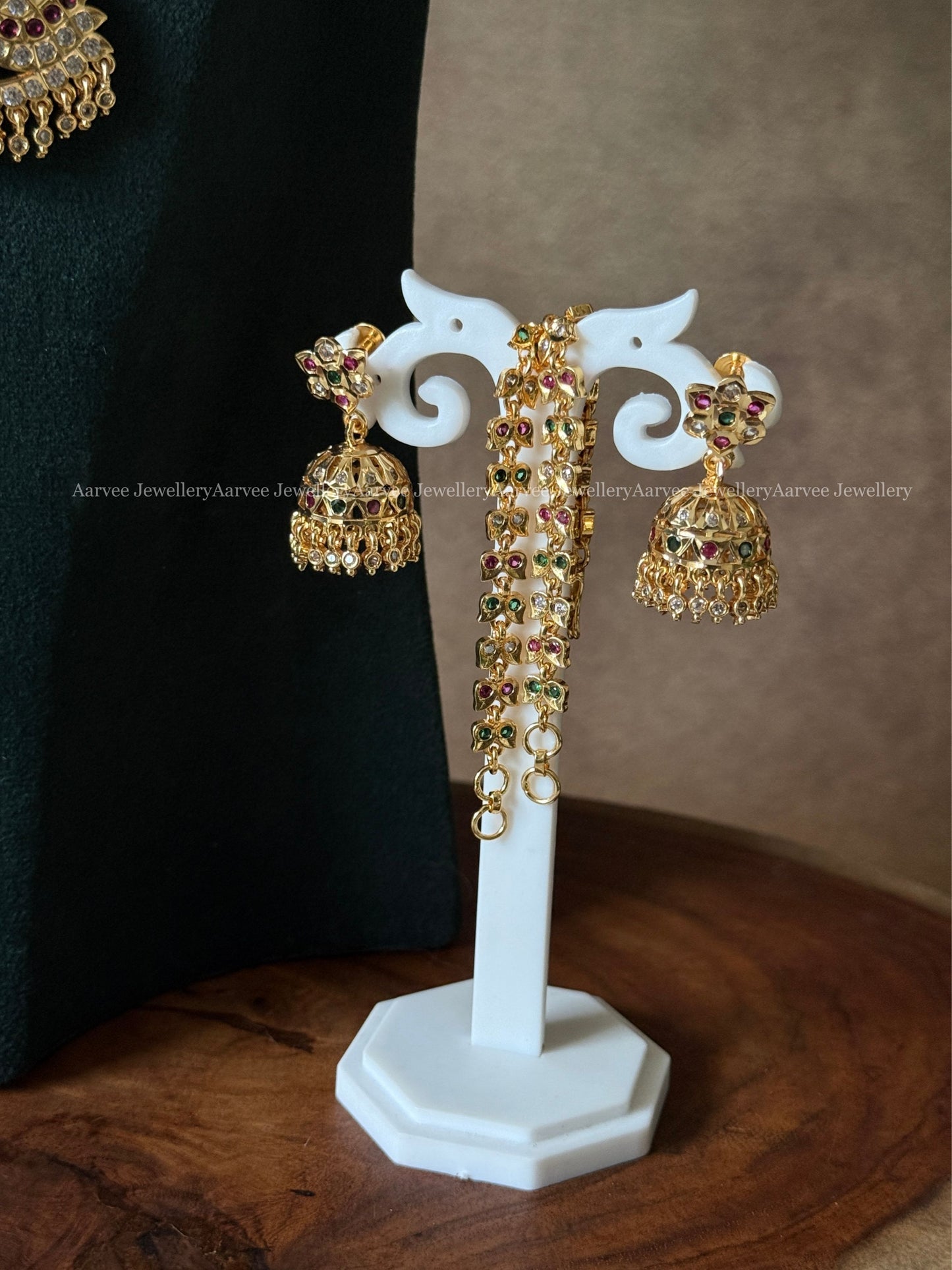 RUBY / GREEN STONES IMPON SEMI BRIDAL JEWELLERY SET