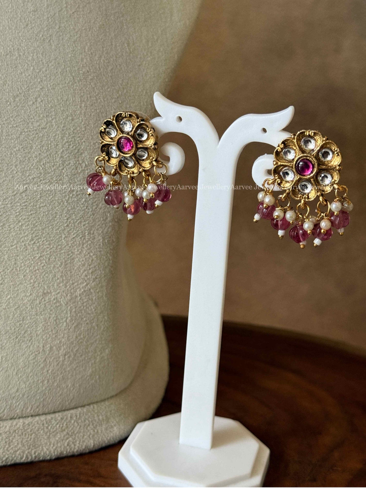 PINK BEADS CHOKER SET WITH GOLD FINISH PINK FLORAL PENDANT