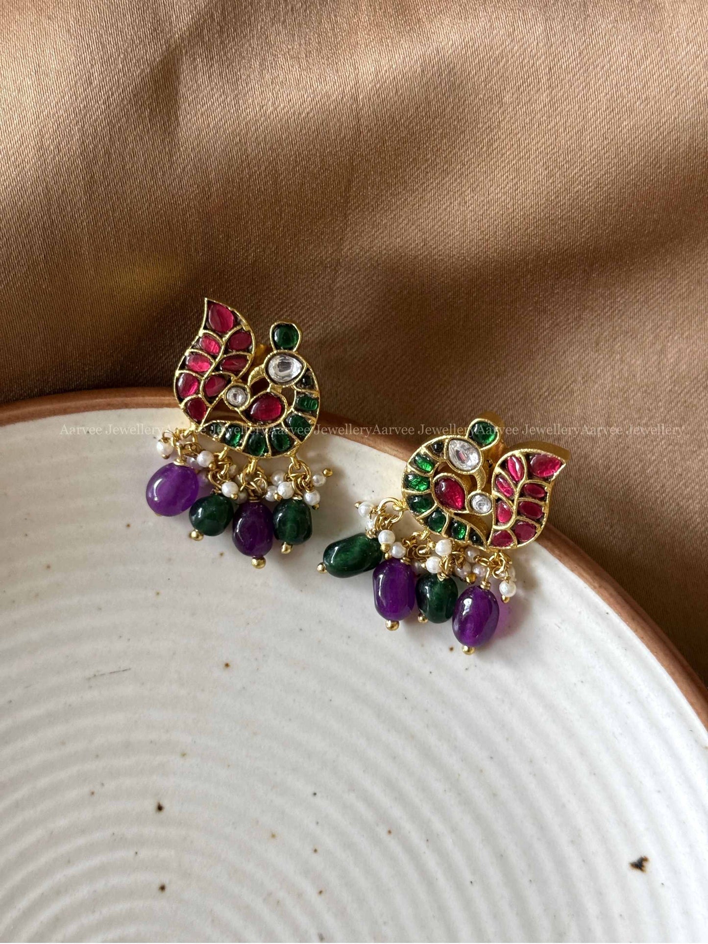 JADAU KUNDAN PEACOCK STUDS WITH GREEN & PURPLE BEADS