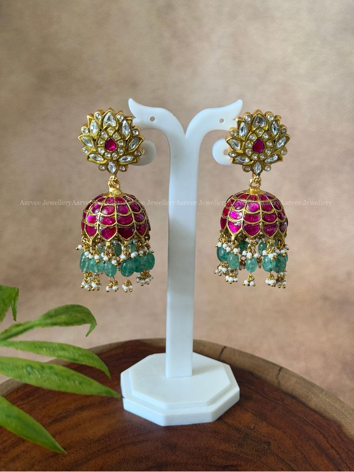JADAU KUNDAN WHITE / PINK LOTUS JHUMKI WITH PASTEL BEADS