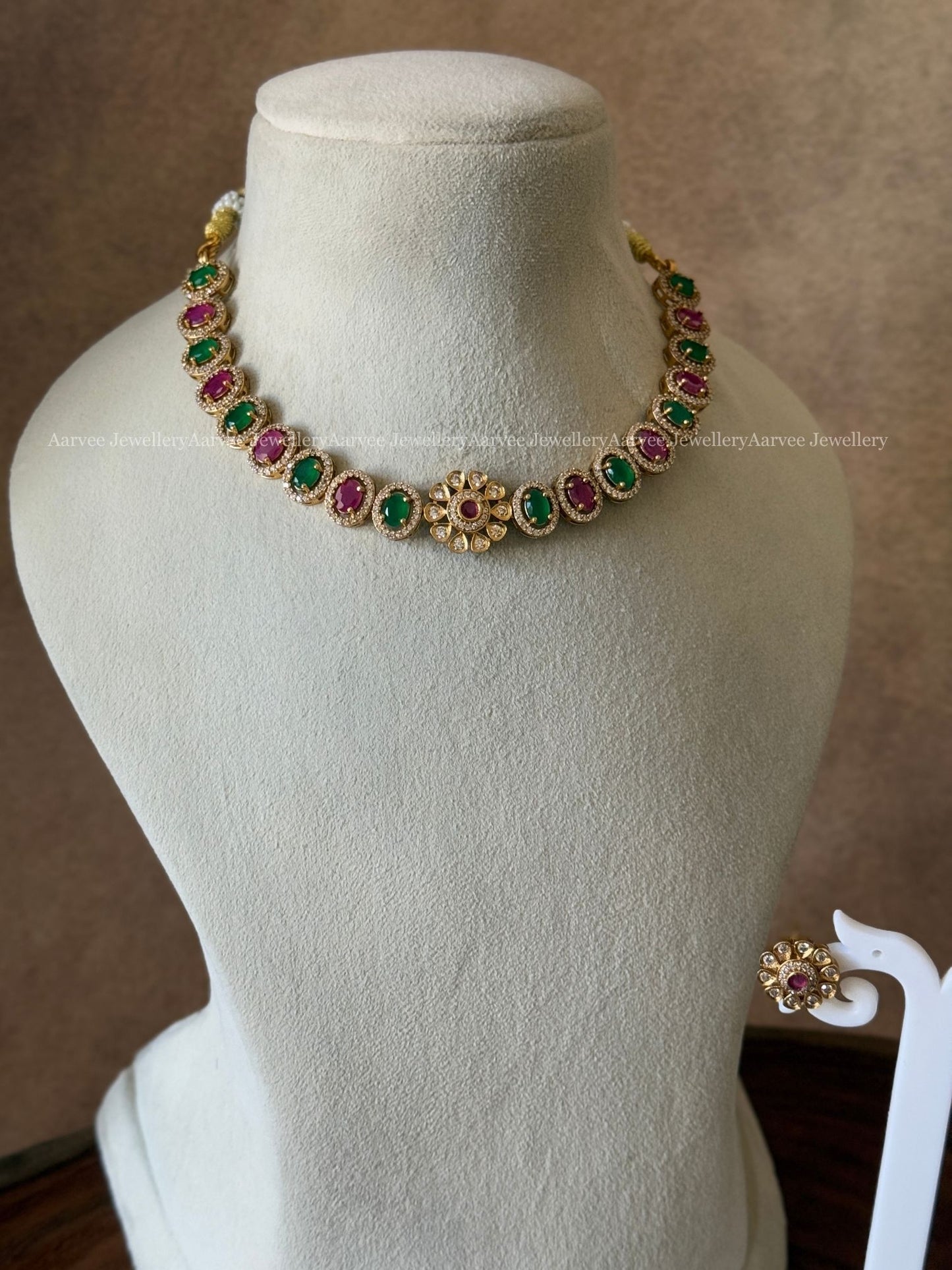 CLEARANCE - CZ RUBY / GREEN STONE FLORAL NECKLACE SET