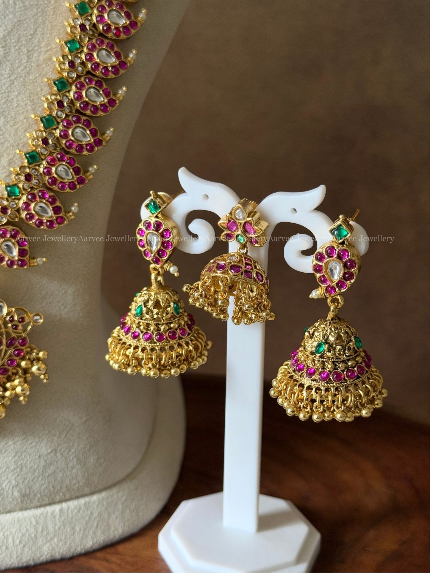 PREMIUM PINK KUNDAN CHOKER WITH MANGO HARAM SET WITH GOLD BEADS