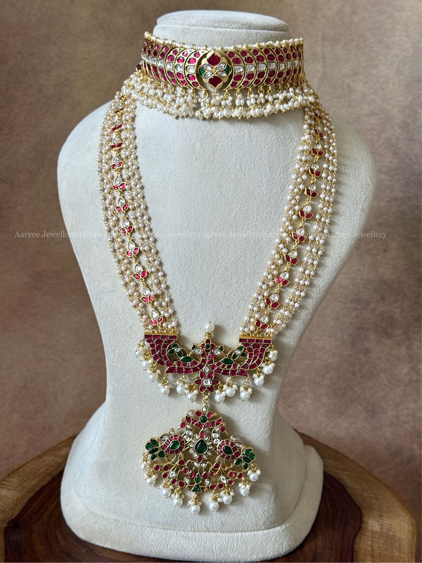 JADAU KUNDAN RUBY CRESCENT CHOKER WITH PEARL BUNCH PEACOCK PENDANT HARAM