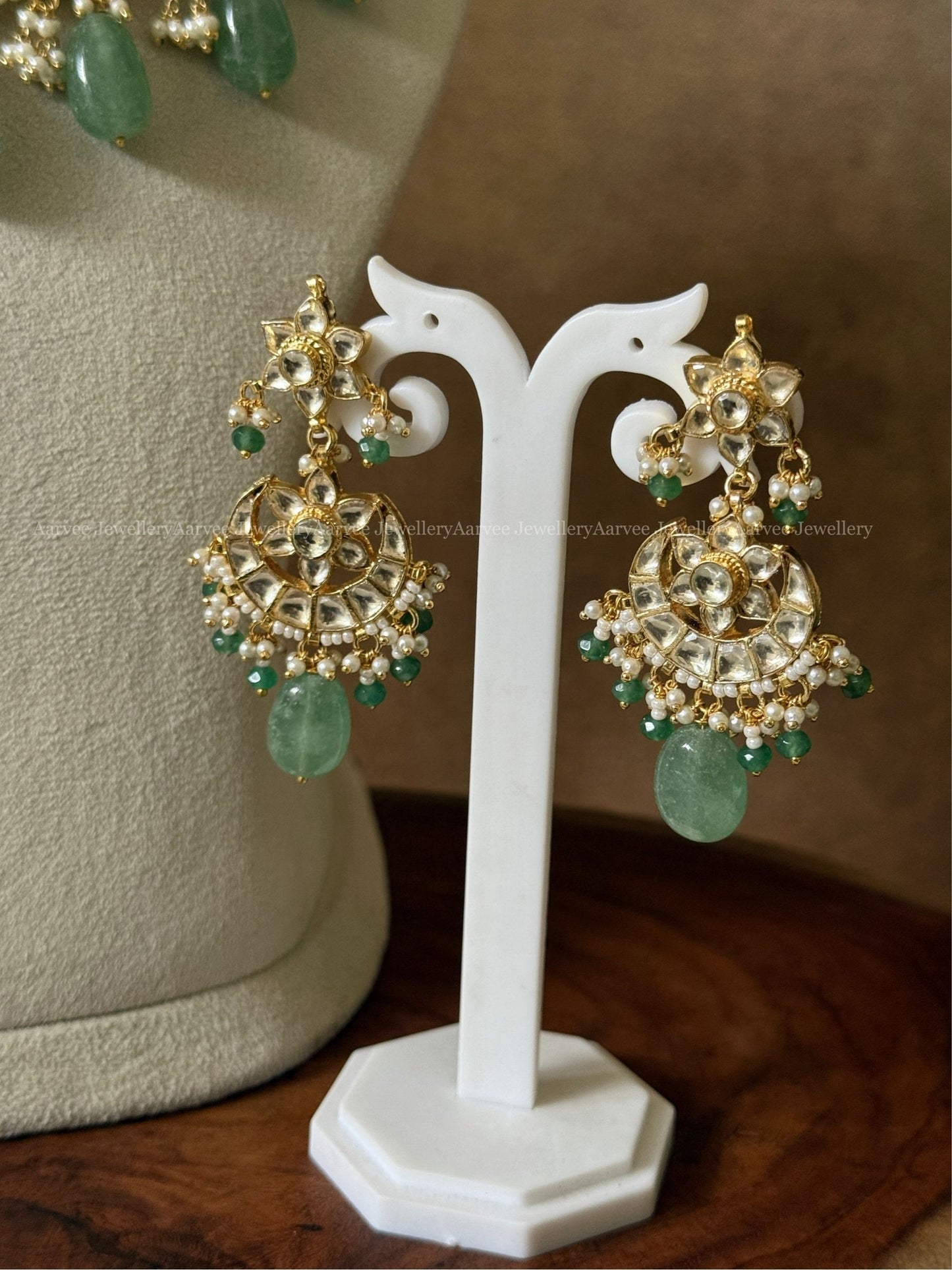 POLKI KUNDAN PEARL BUNCH STATEMENT NECKLACE SET WITH PASTEL BEAD DROPS