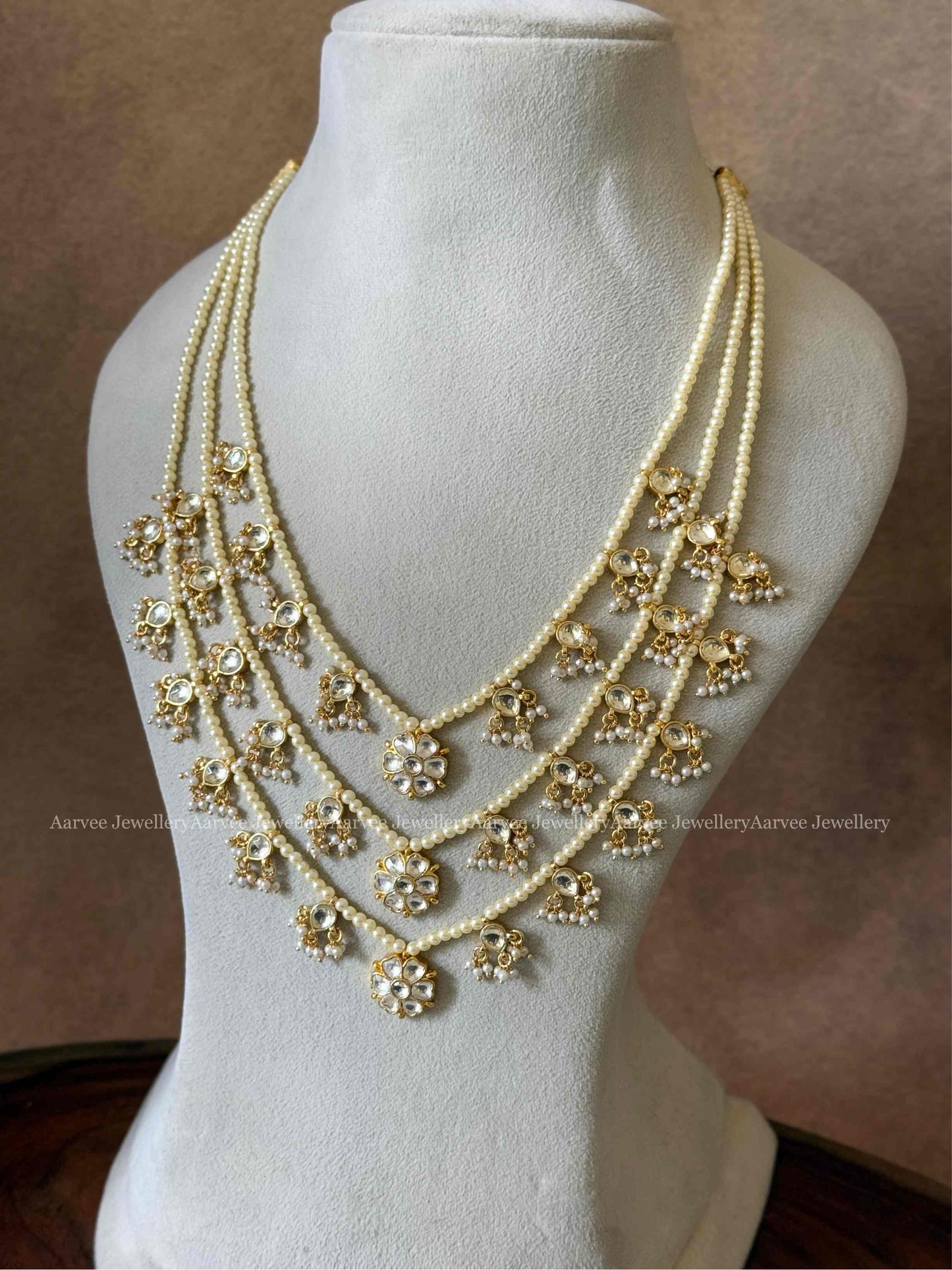 KUNDAN WHITE STONES LAYERED PEARL MIDLENGTH HARAM