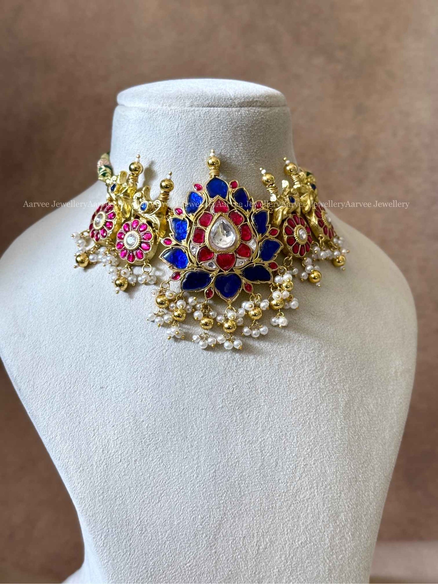 JADAU KUNDAN BLUE / PINK STONE LOTUS CHOKER WITH PEARL AND GOLD BEADS