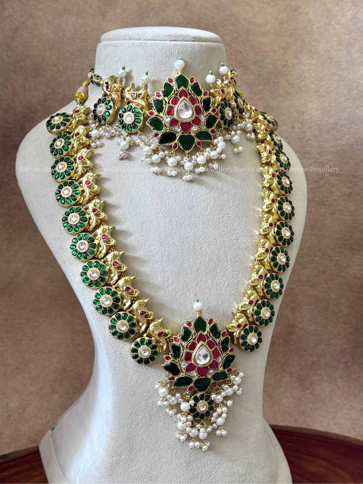 COMBO - JADAU KUNDAN GREEN STONES LOTUS CHOKER AND HARAM WITH PEARL BEADS