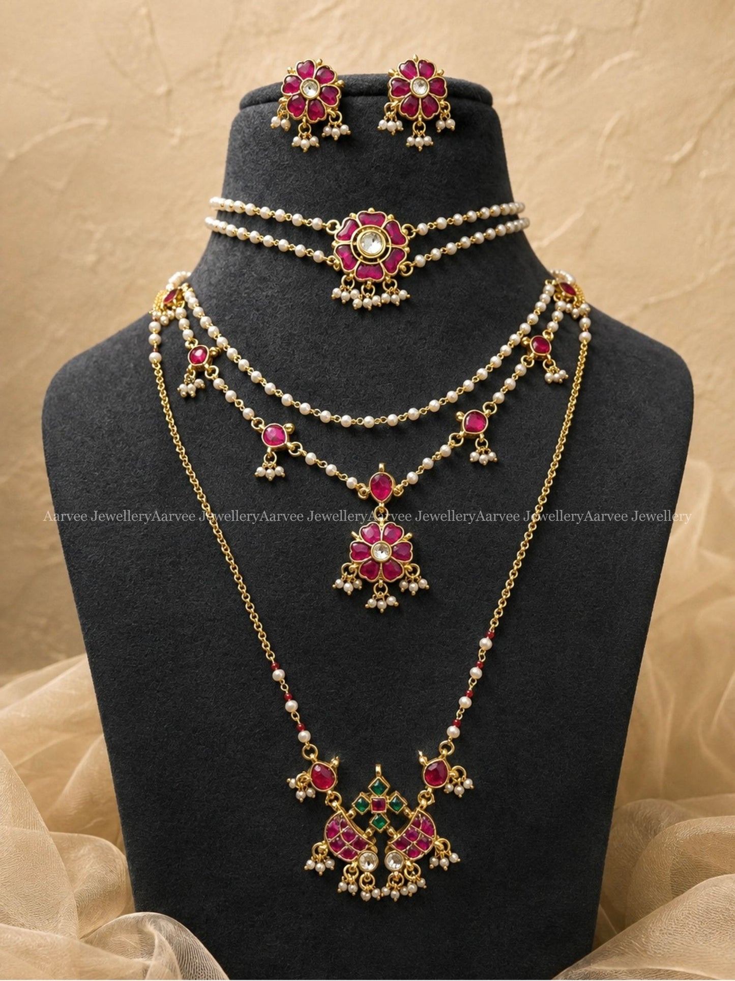 POLKI KUNDAN MINIMAL TWO LAYER PEARL & PINK FLORAL JEWELLERY SET