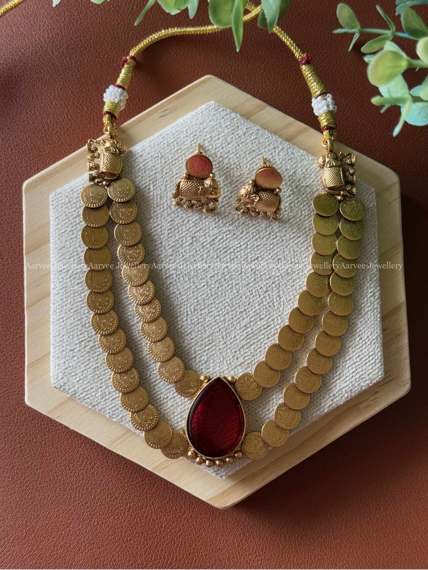 TWO LAYER COIN NECKLACE SET WITH RUBY STONE TEAR DROP PENDANT