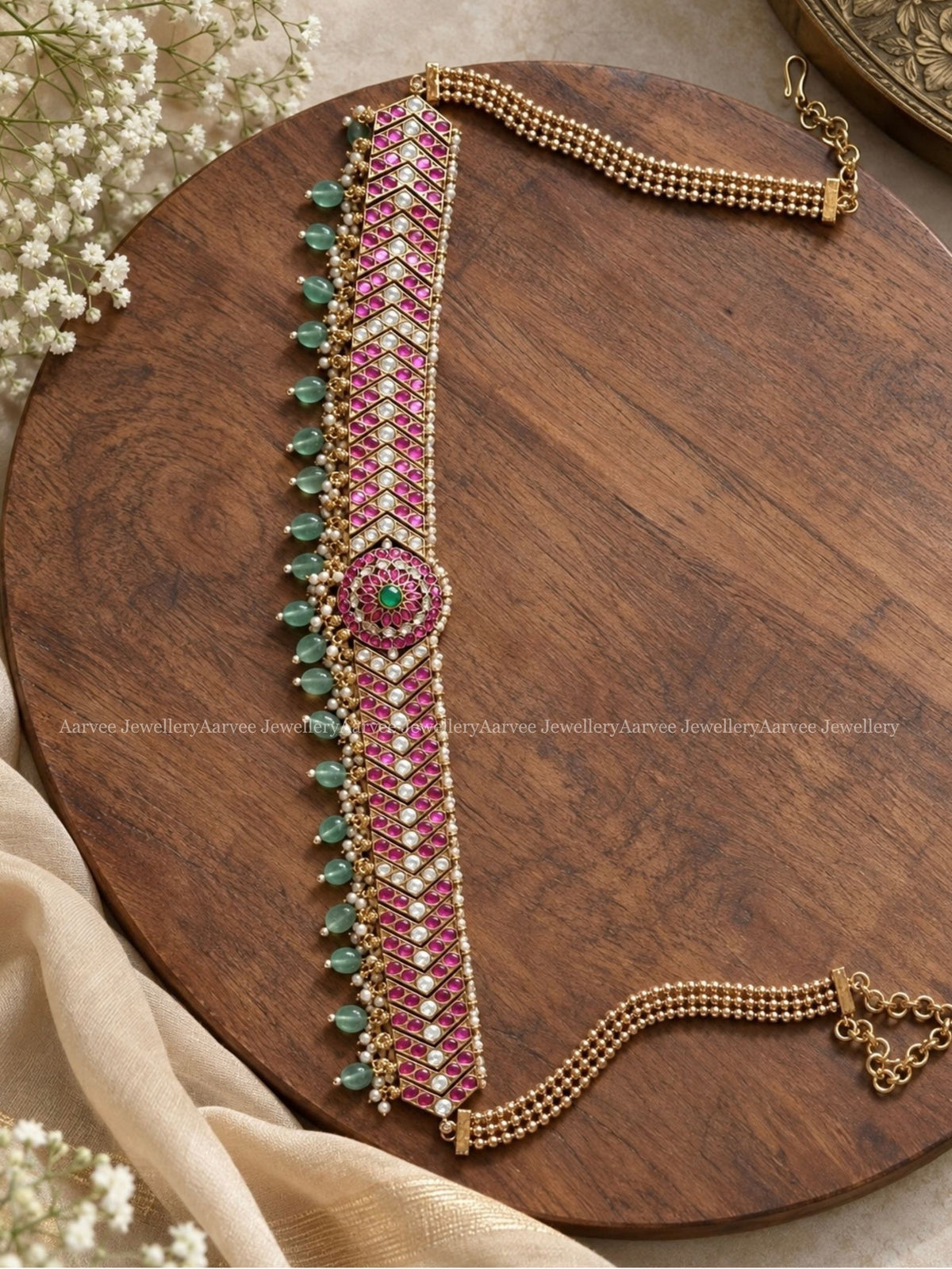 PREMIUM PINK KUNDAN STONES WAIST CHAIN WITH PASTEL BEADS