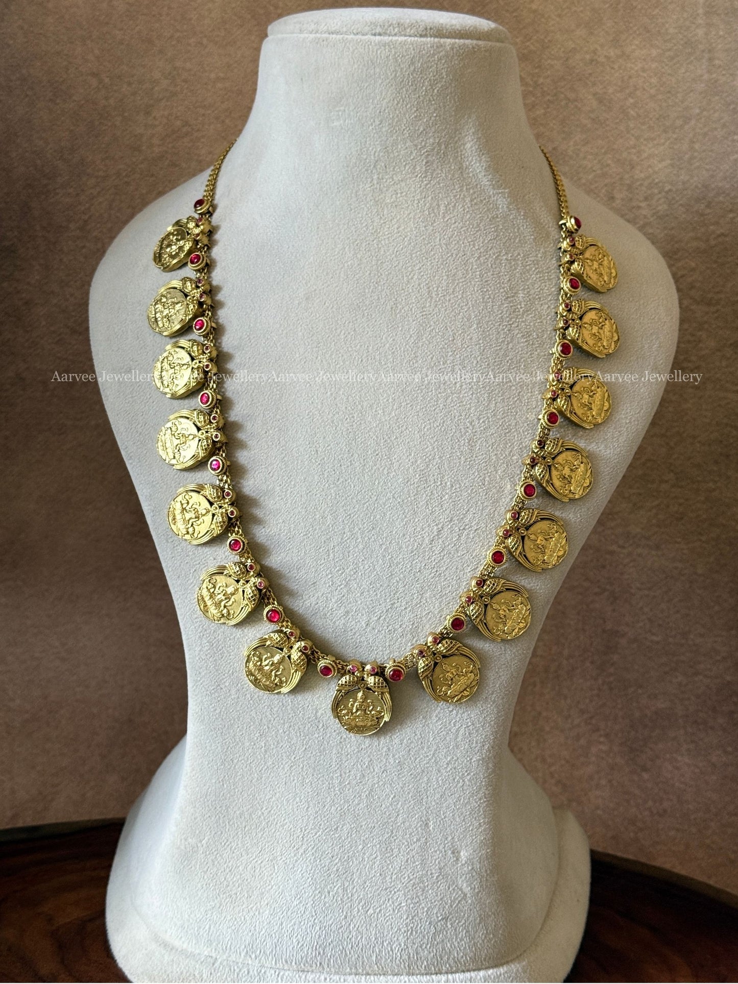 JADAU KUNDAN LAKSHMI & PEACOCK GOLD TONE COIN MIDLENGTH HARAM
