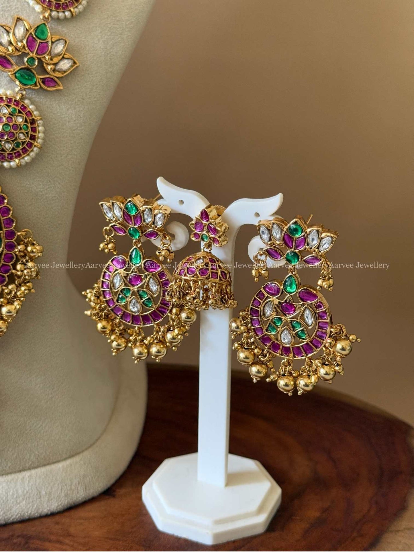 PREMIUM KEMP PINK / GREEN STONES CHOKER WITH LOTUS FLORAL HARAM SET WITH GOLD BEADS