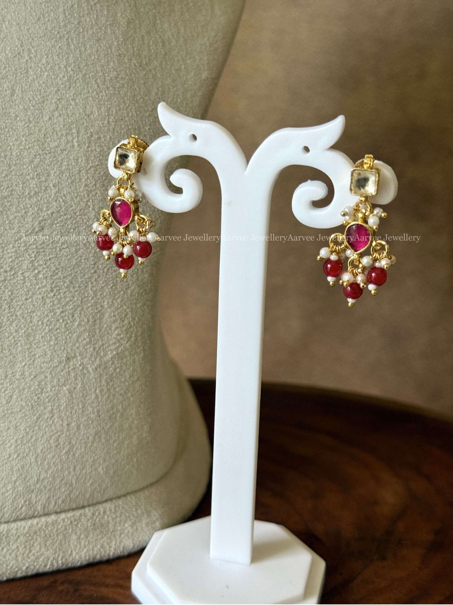 POLKI KUNDAN ELEGANT PEARL NECKLACE SET WITH RED BEADS