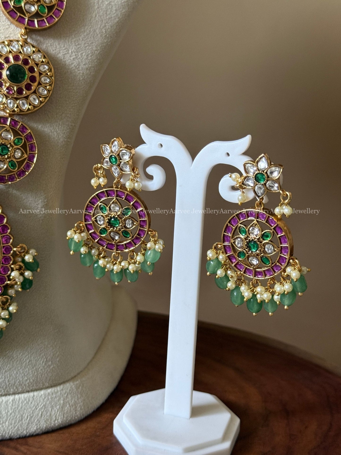 PREMIUM PINK KUNDAN MULTI COLOR BOTTU & FLORAL HARAM SET WITH PASTEL BEADS