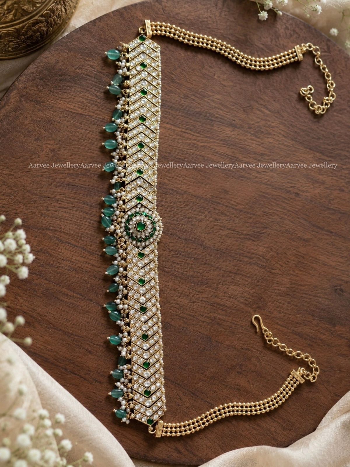 PREMIUM WHITE KUNDAN STONES WAIST CHAIN WITH PASTEL BEADS