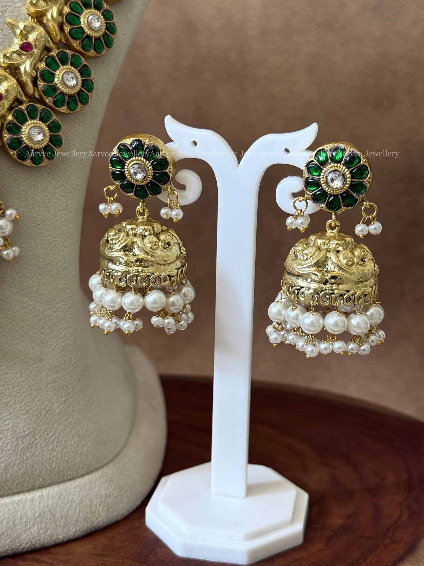 COMBO - JADAU KUNDAN GREEN STONES LOTUS CHOKER AND BUTTA HARAM SET WITH PEARL BEADS