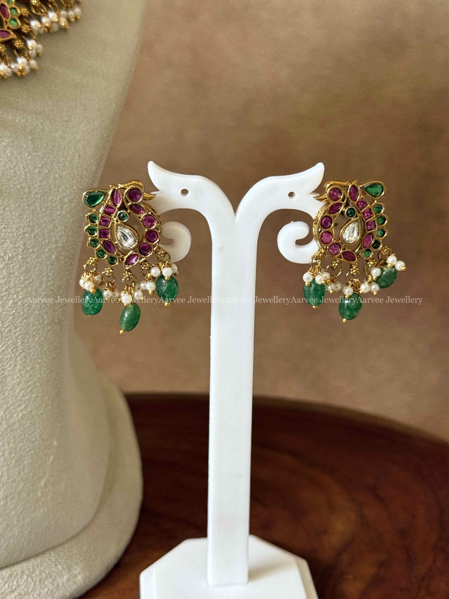HIGH QUALITY MULTI COLOR KEMP STONE PEACOCK & FLORAL MOTIF NECKLACE SET WITH PASTEL BEADS