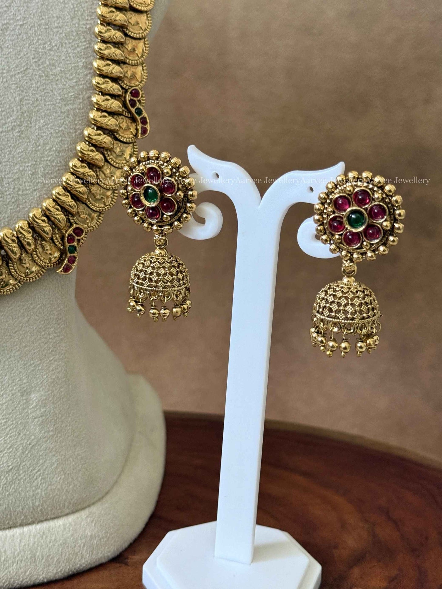 ANTIQUE GOLD COIN MID LENGTH HARAM SET WITH KEMP FLORAL MOTIFS