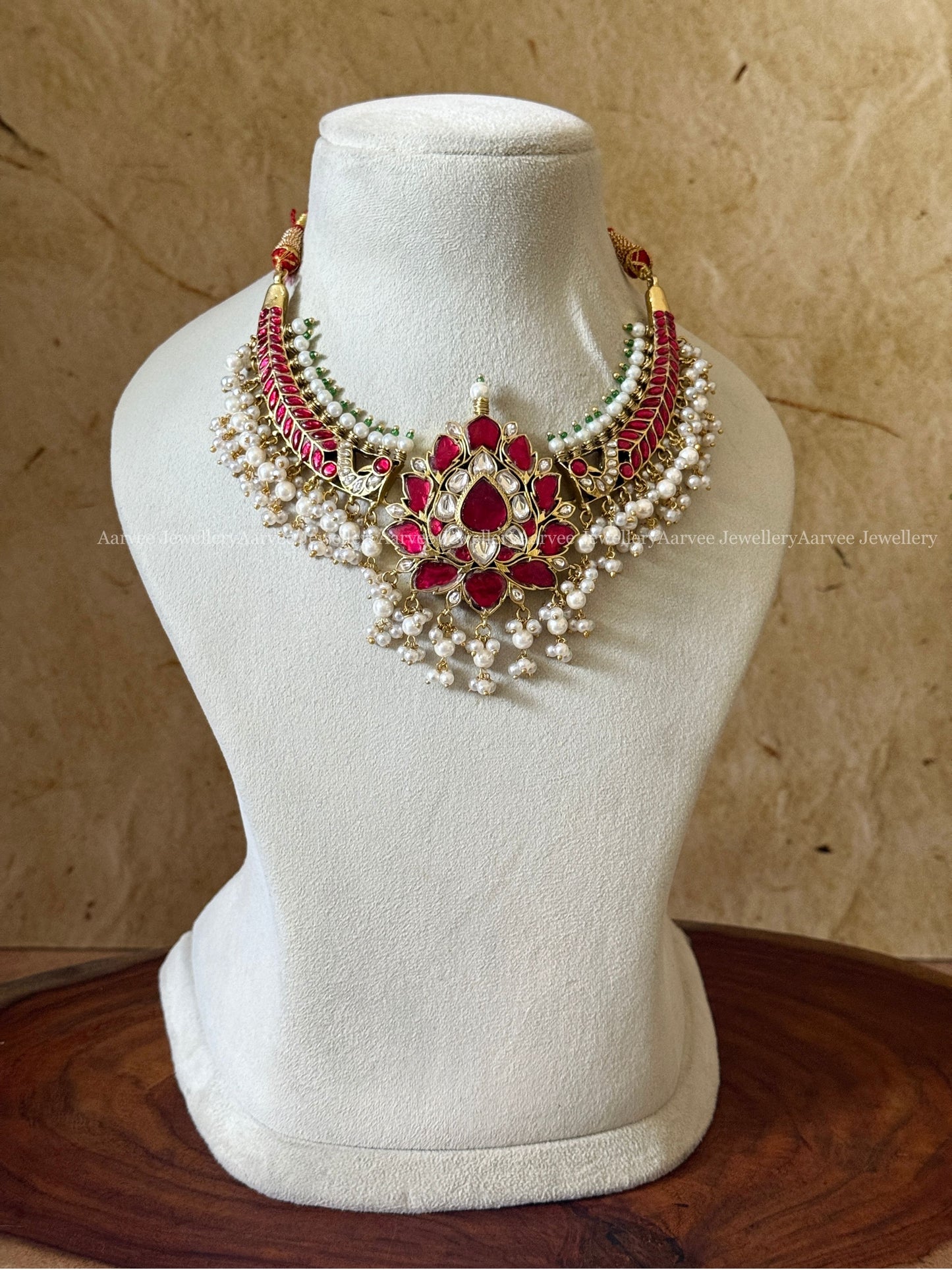 JADAU KUNDAN LOTUS KANTI NECKLACE WITH RUBY STONES & PEARLS