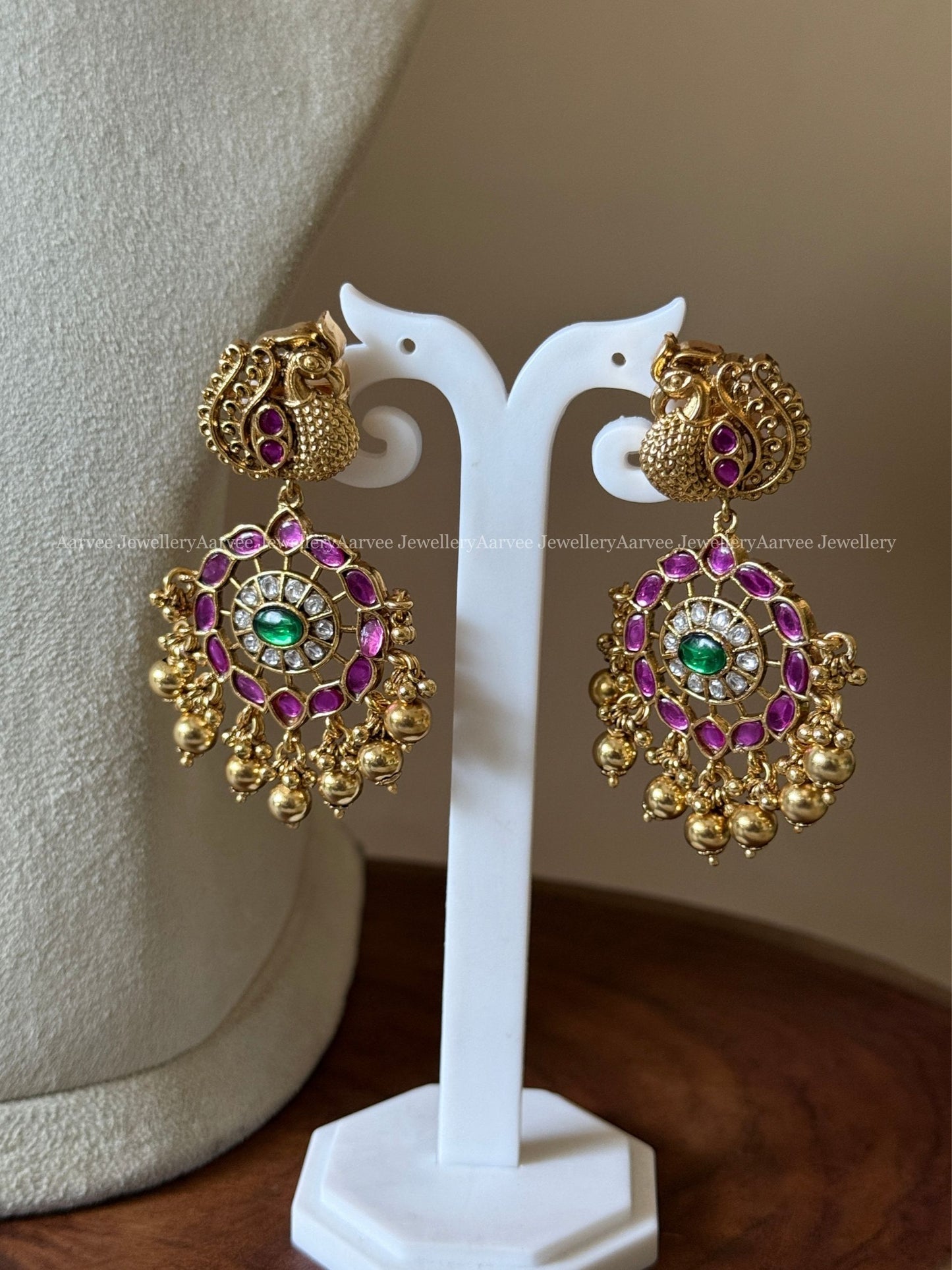 PREMIUM PINK KUNDAN PEACOCK MOTIF CHOKER SET WITH GOLD BEADS