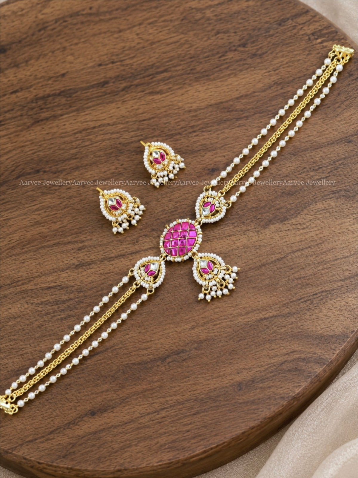 POLKI KUNDAN PINK STONE PEARL CHOKER SET