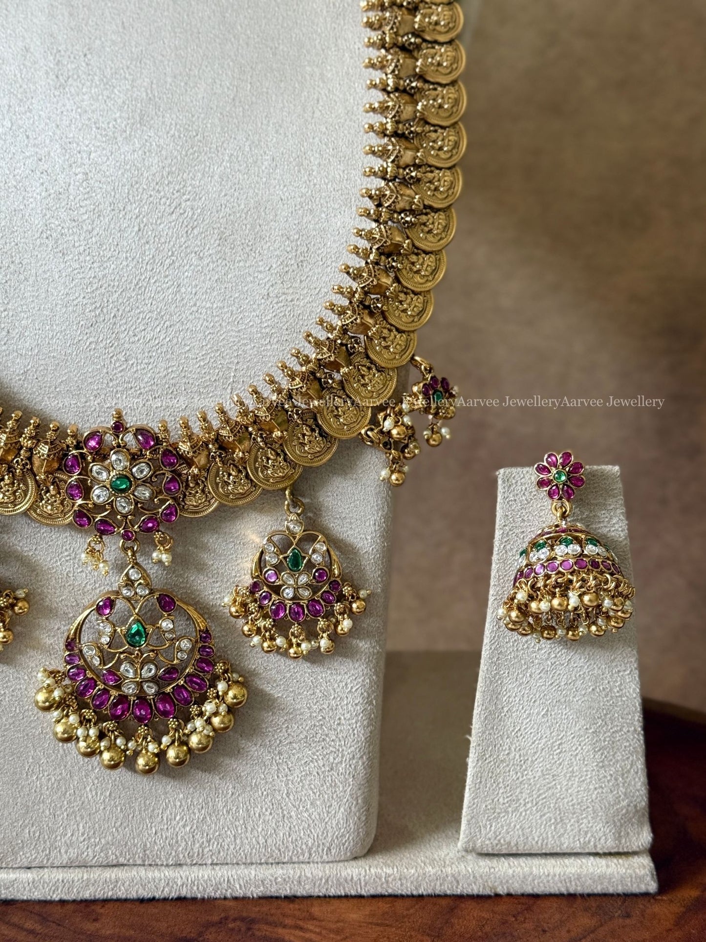 ANTIQUE GOLD COIN HARAM SET WITH PREMIUM PINK STONE MULTI PENDANTS