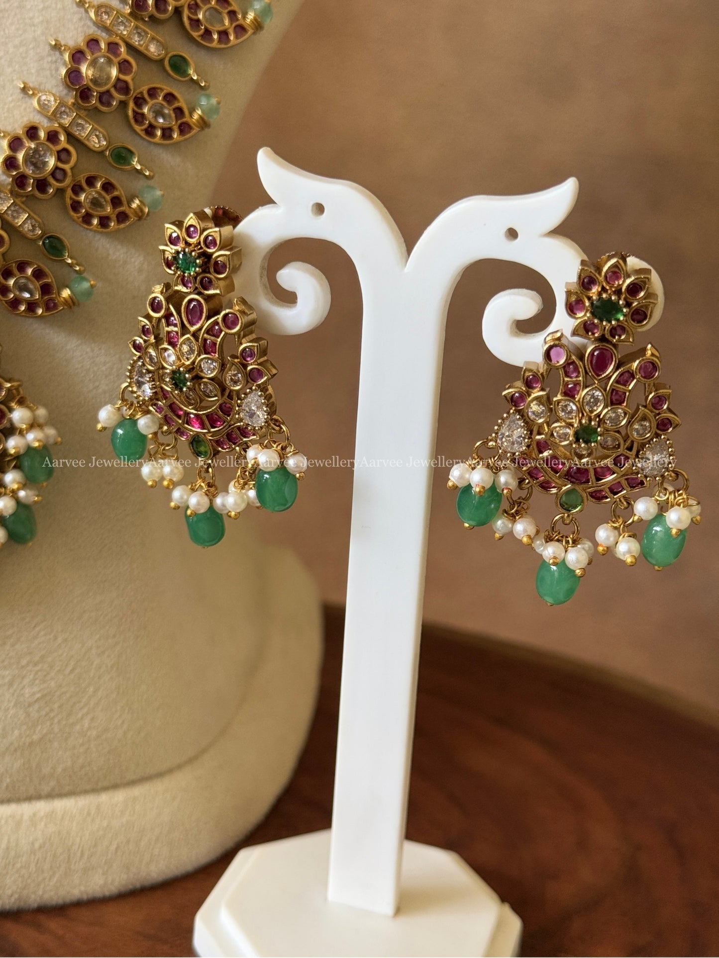 KEMP SEMI BRIDAL JEWELLERY SET WITH PEACOCK PENDANT WITH RUBY STONES & PASTEL BEADS