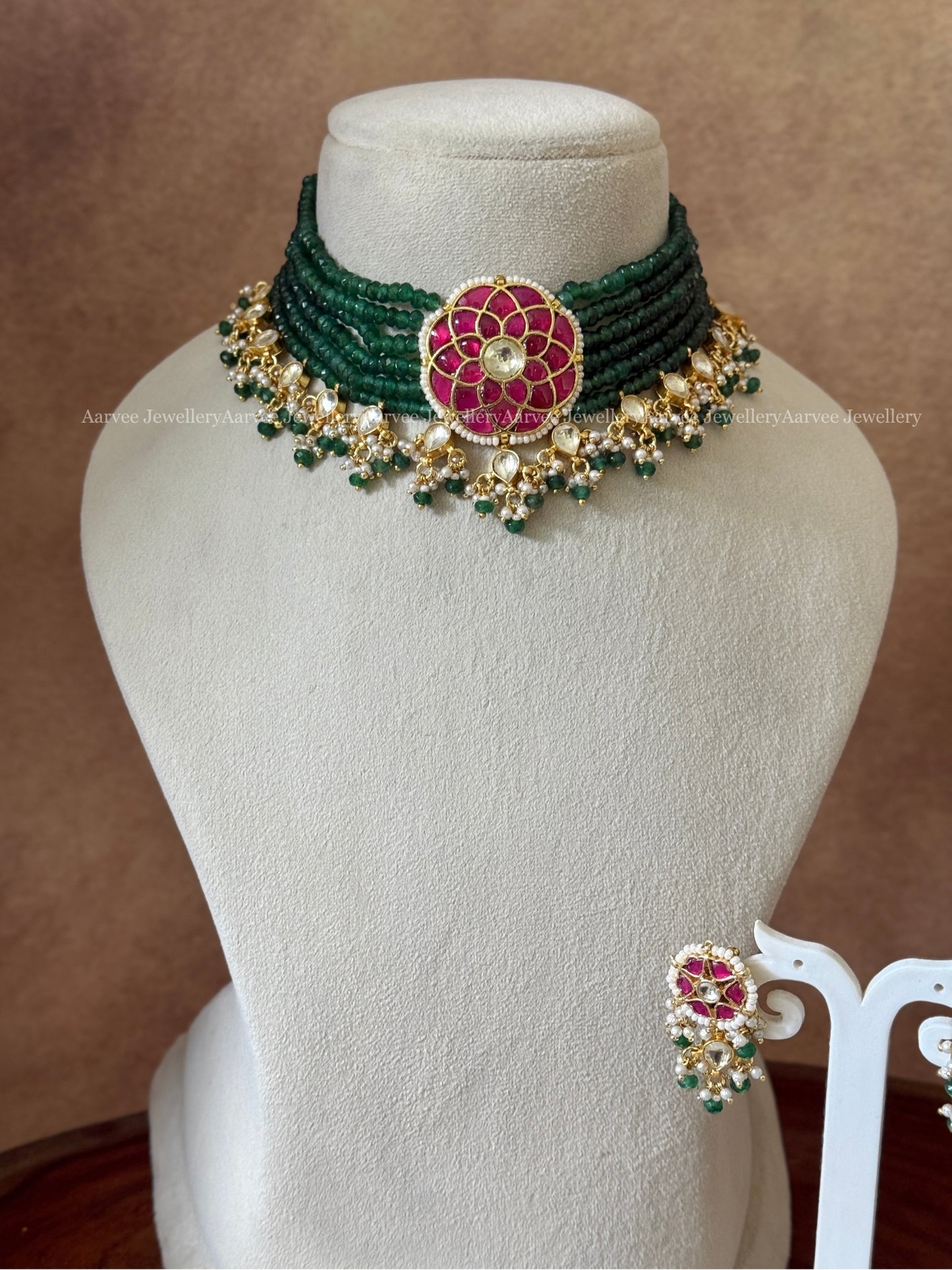 DARK GREEN BEADED POLKI KUNDAN HIGH NECK CHOKER SET WITH PINK STONE FLORAL PENDANT