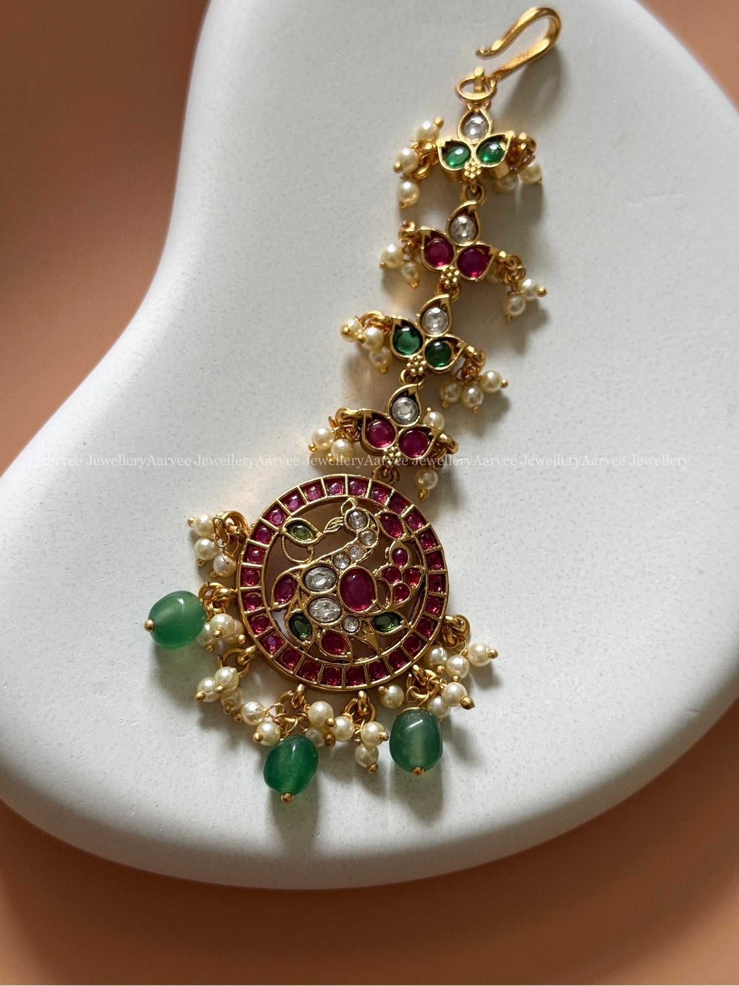 PREMIUM KEMP RUBY / GREEN STONES TIKKA WITH PEACOCK PENDANT - PEARL & PASTEL BEADS