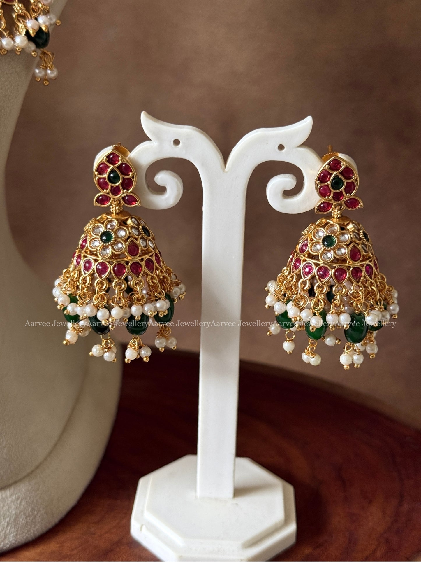 KEMP RUBY / GREEN STONE GUTTA PUSALU HARAM SET WITH PEARLS