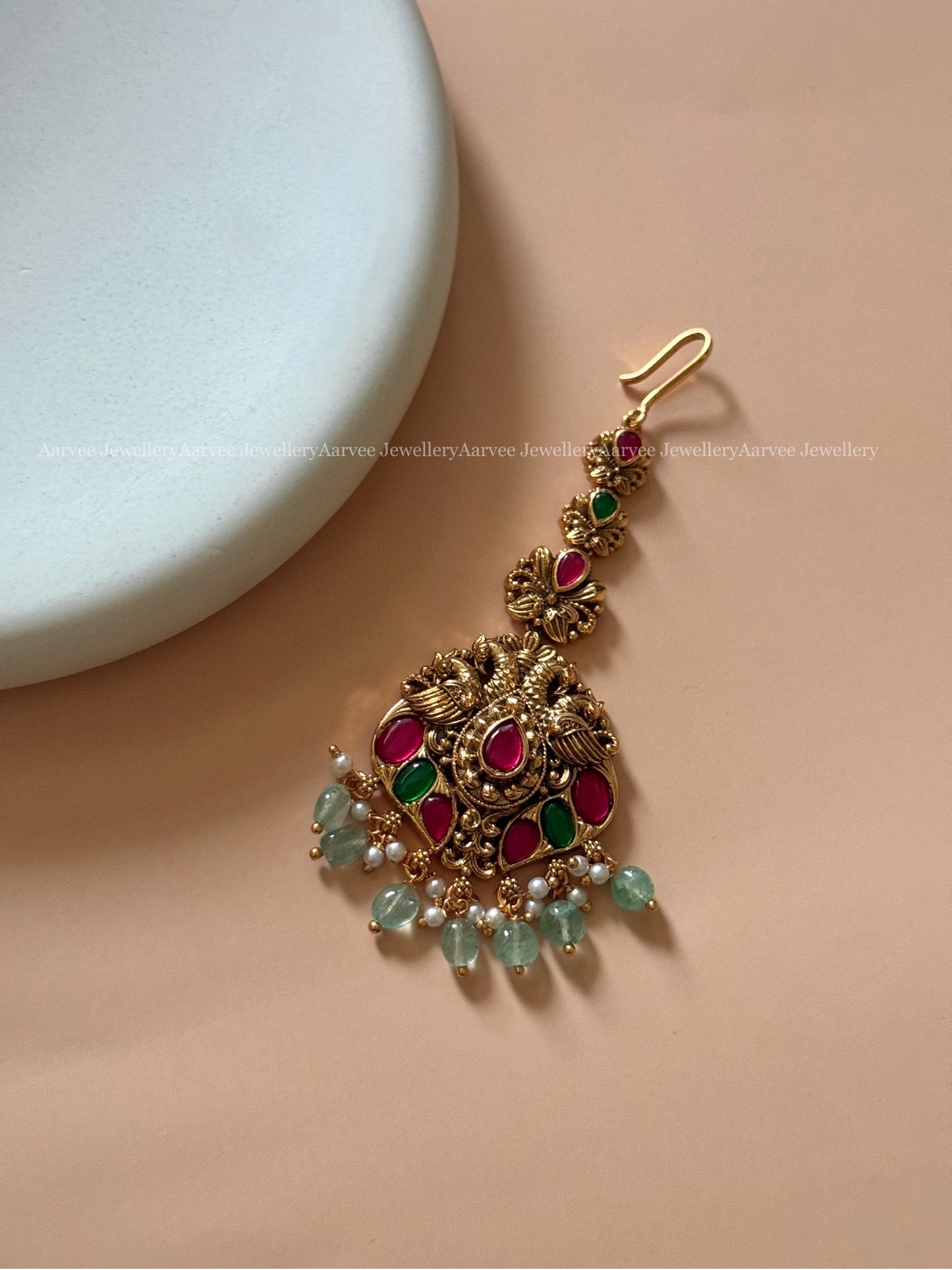KEMP STONE ANTIQUE GOLD FINISH PEACOCK MOTIF TIKKA WITH PASTEL BEADS