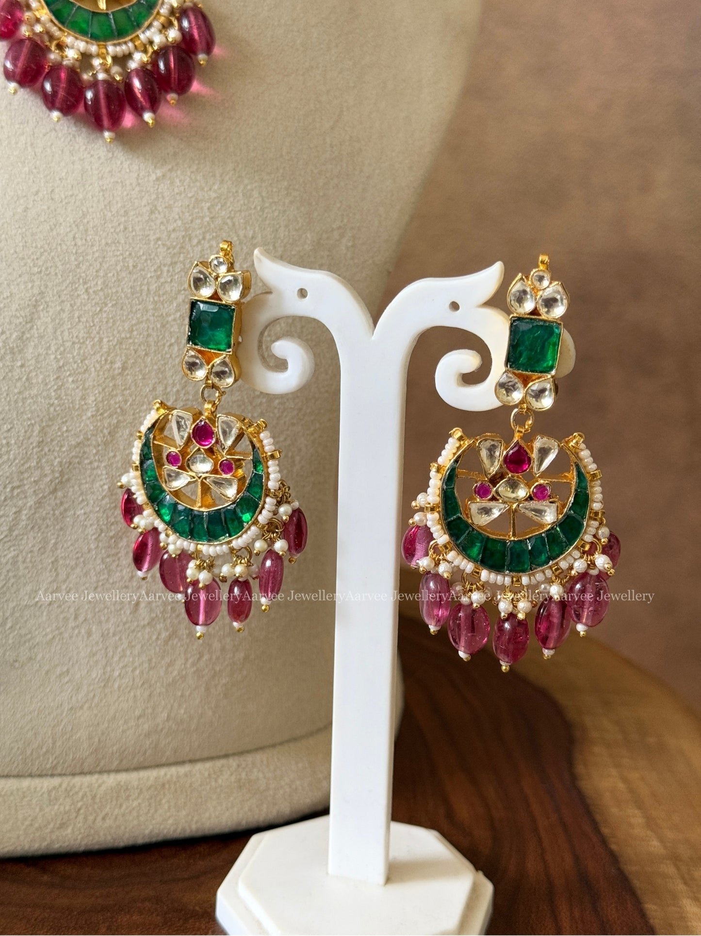 POLKI KUNDAN NECKLACE SET WITH WHITE STONES & RUBY BEADS