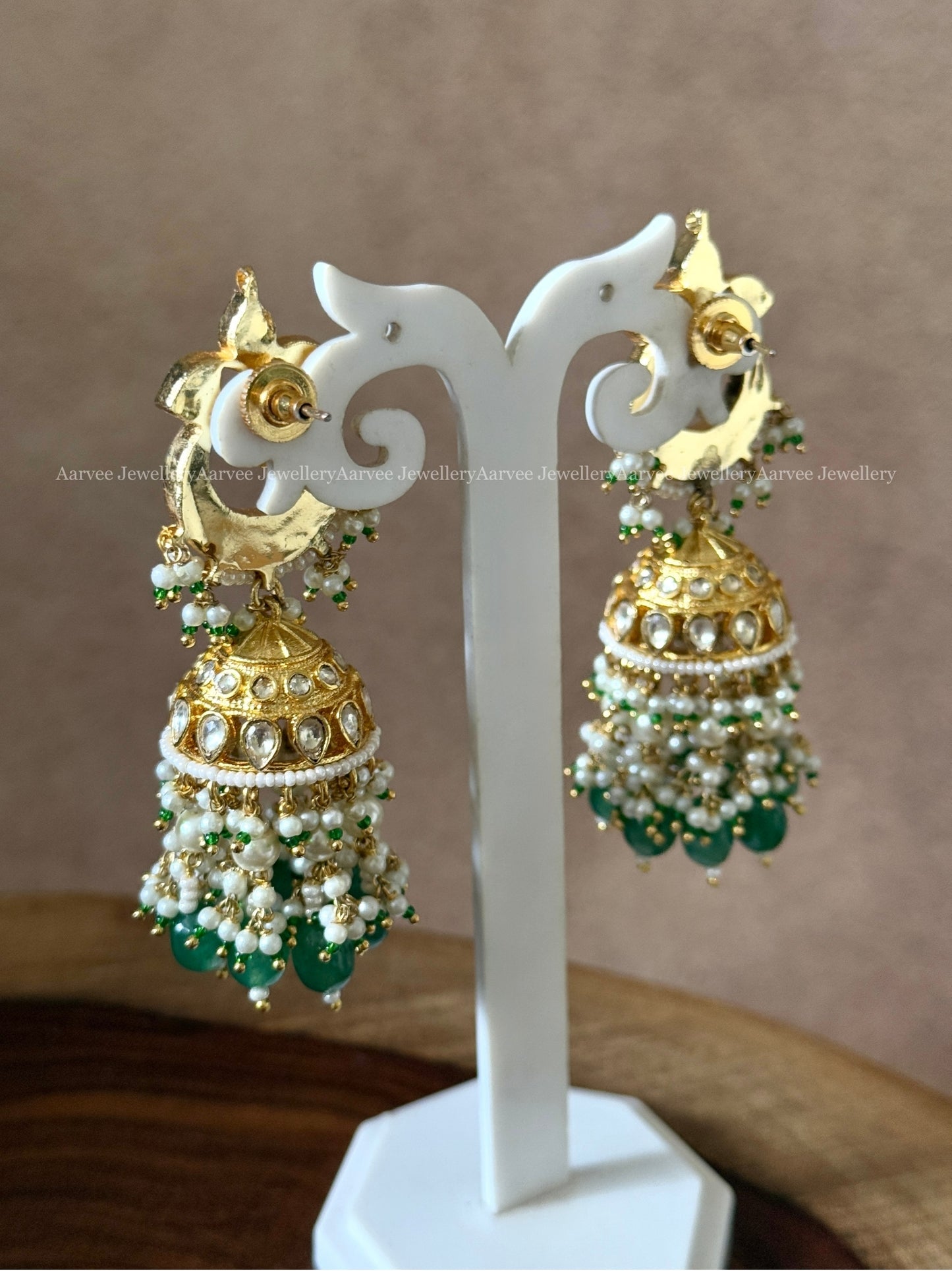 POLKI KUNDAN GOLD TONE JHUMKI WITH PASTEL BEADS