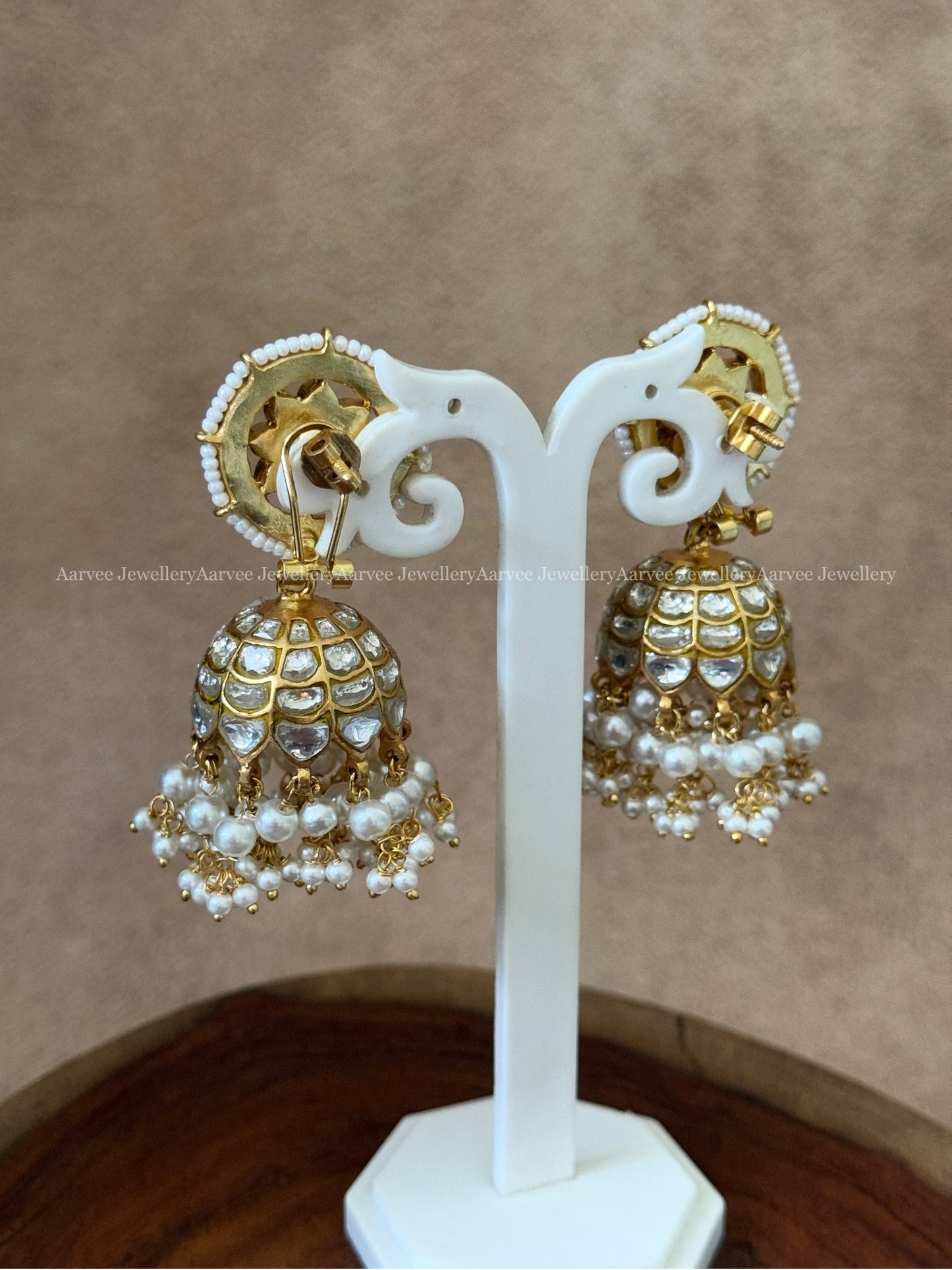 JADAU KUNDAN WHITE STONE BUTTA FLORAL JHUMKI WITH PEARLS