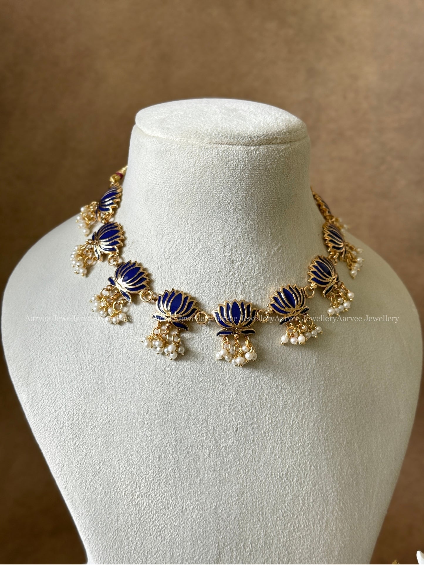 BLUE LOTUS NECKLACE SET WITH PEARL DROPS - PREMIUM