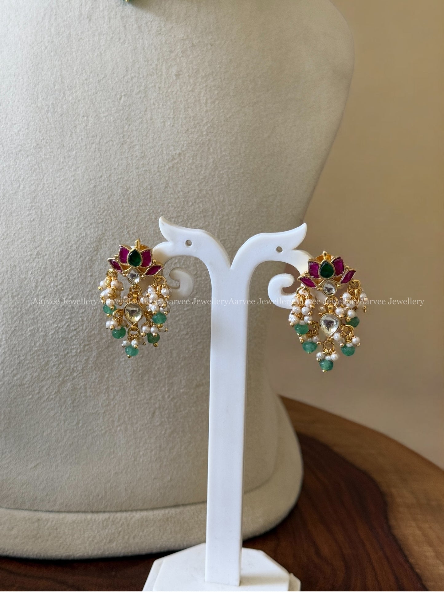 POLKI KUNDAN PASTEL BEADED CHOKER SET WITH LOTUS MOTIF PENDANT