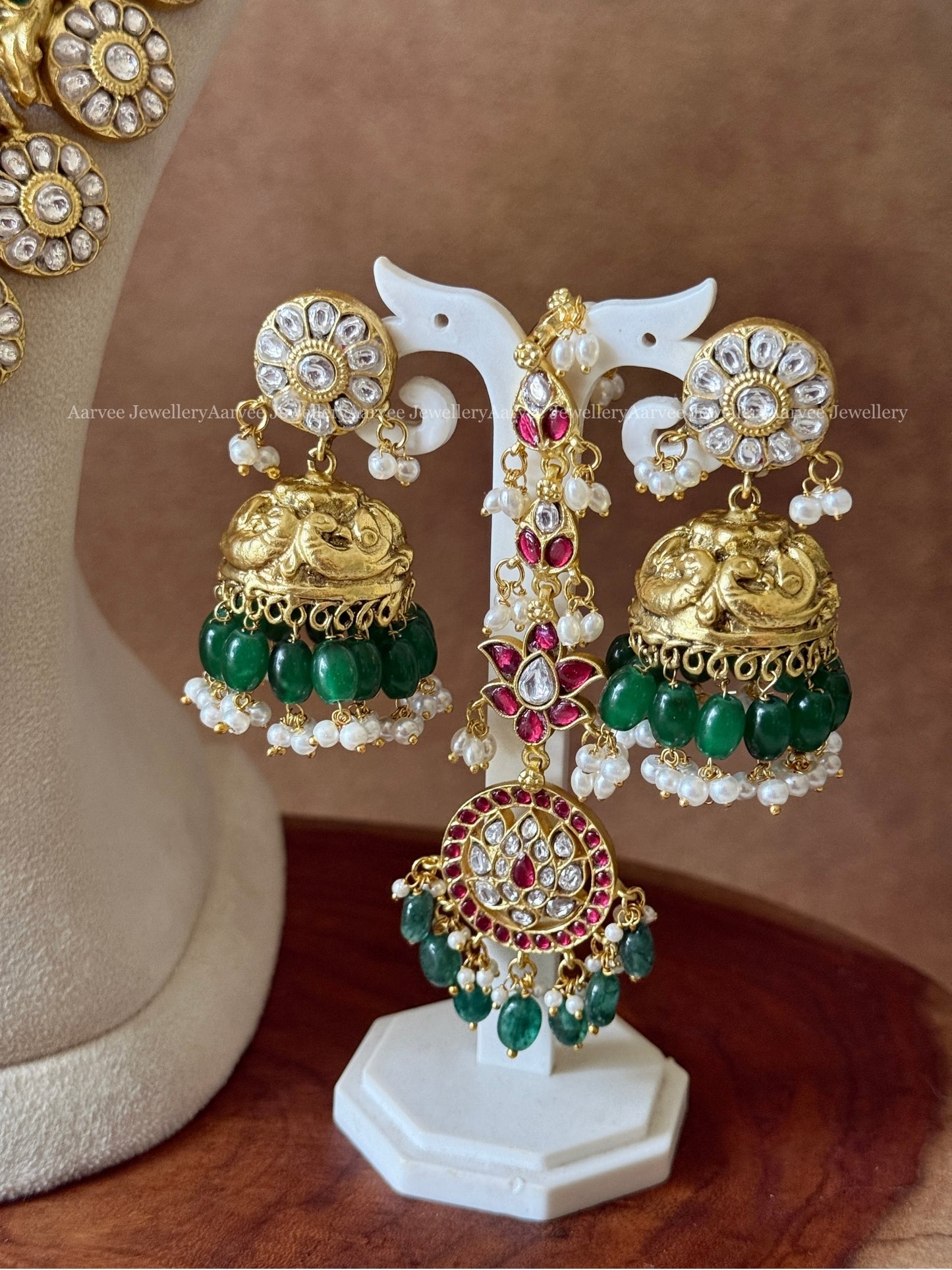 JADAU KUNDAN SEMI BRIDAL SET - WHITE / PINK STONES CHOKER AND LOTUS HARAM, JHUMKI, TIKKA WITH GREEN BEADS