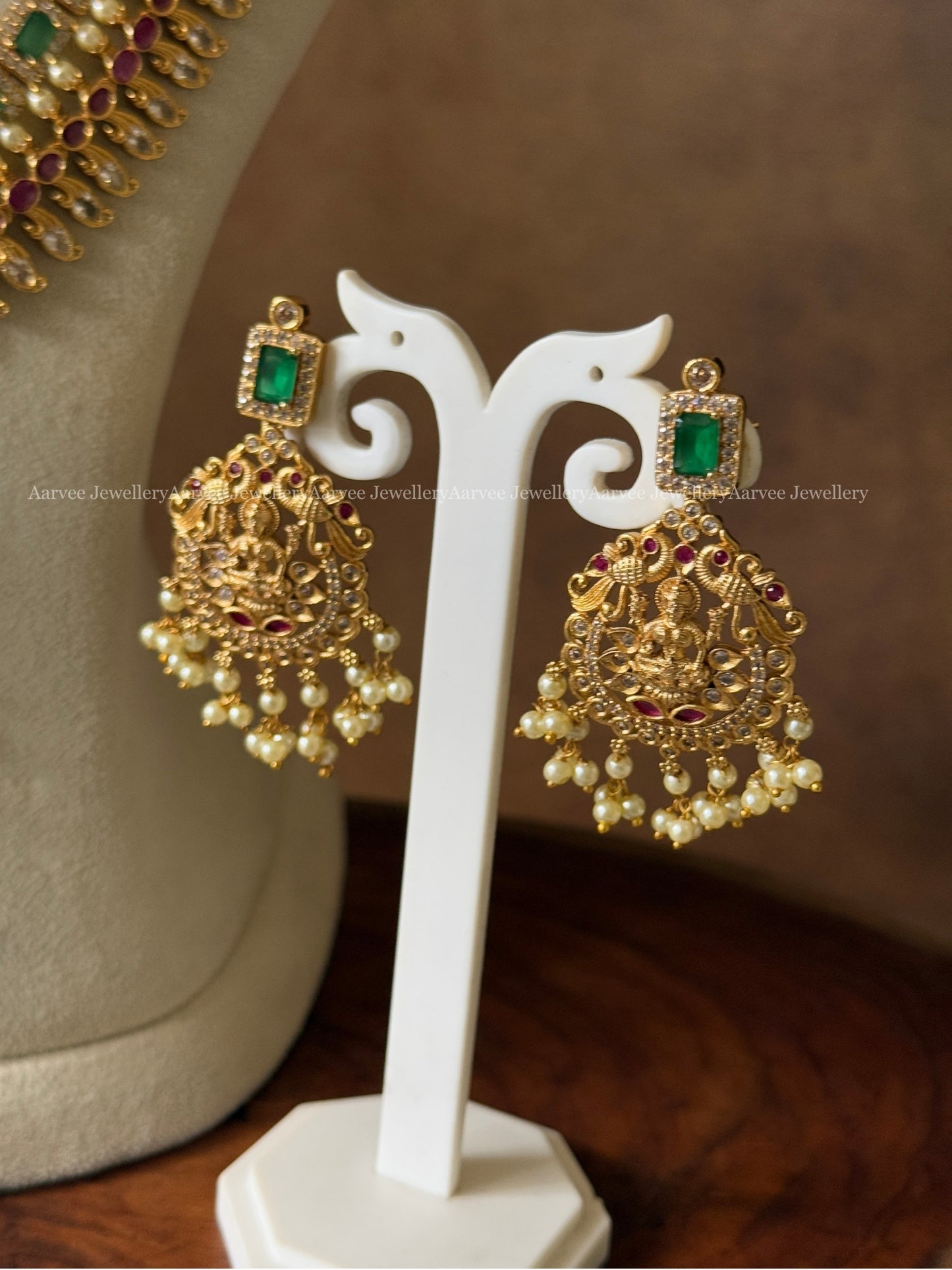 CZ RUBY / GREEN STONE LAYERED MID LENGTH HARAM SET WITH LAKSHMI PENDANT