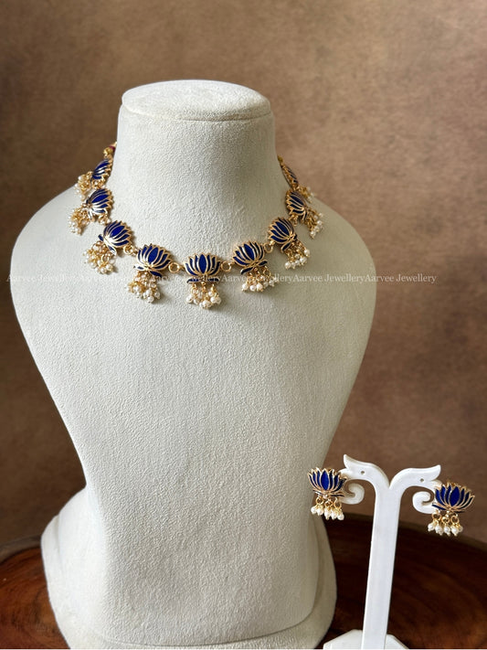 BLUE LOTUS NECKLACE SET WITH PEARL DROPS - PREMIUM